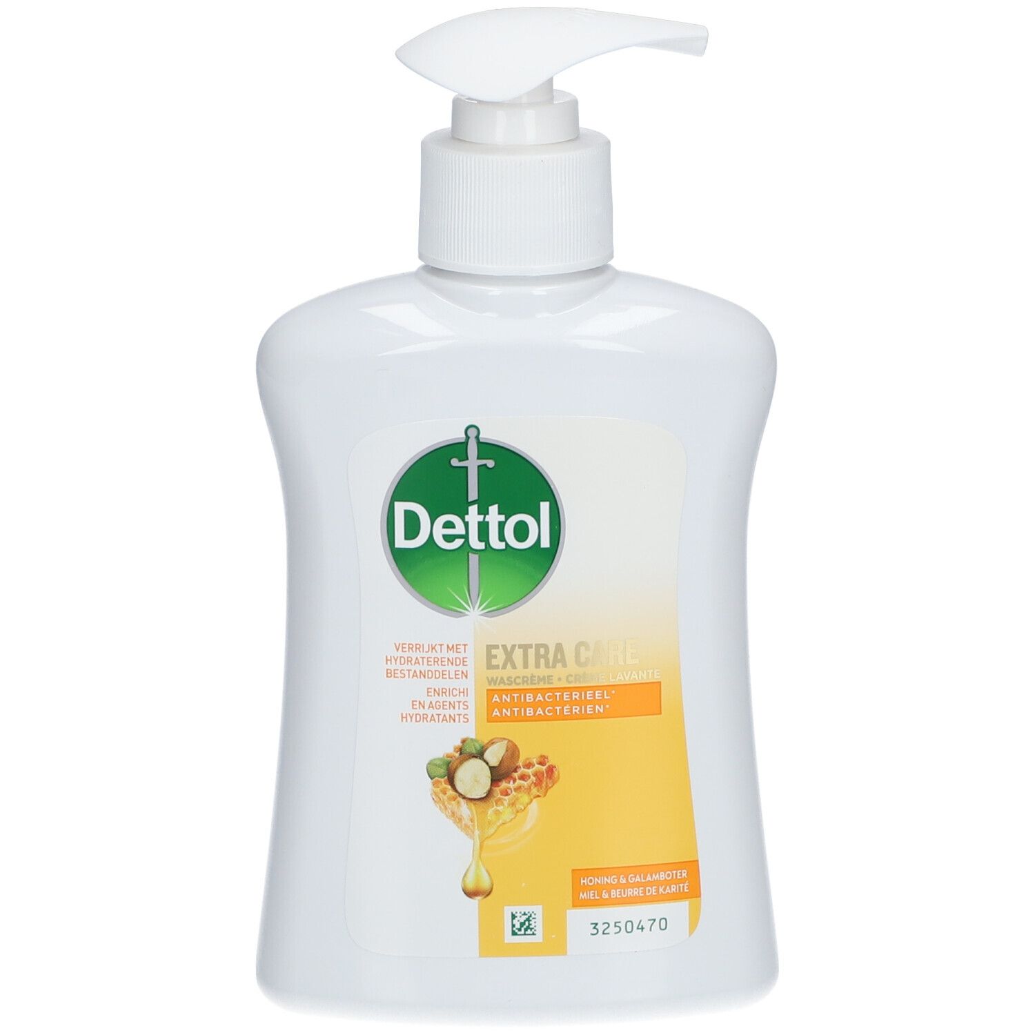 Witte Dettol-fles met pomp. Gele label met honingraat en shea noten. Opschrift "Extra Care" en logo.