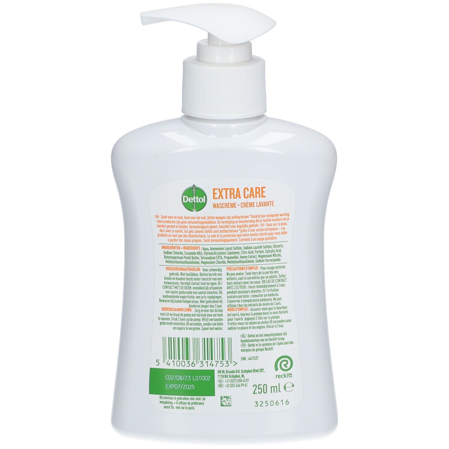 Achterkant van de witte Dettol-fles. Tekst met ingrediënten en informatie. 250 ml indicatie.