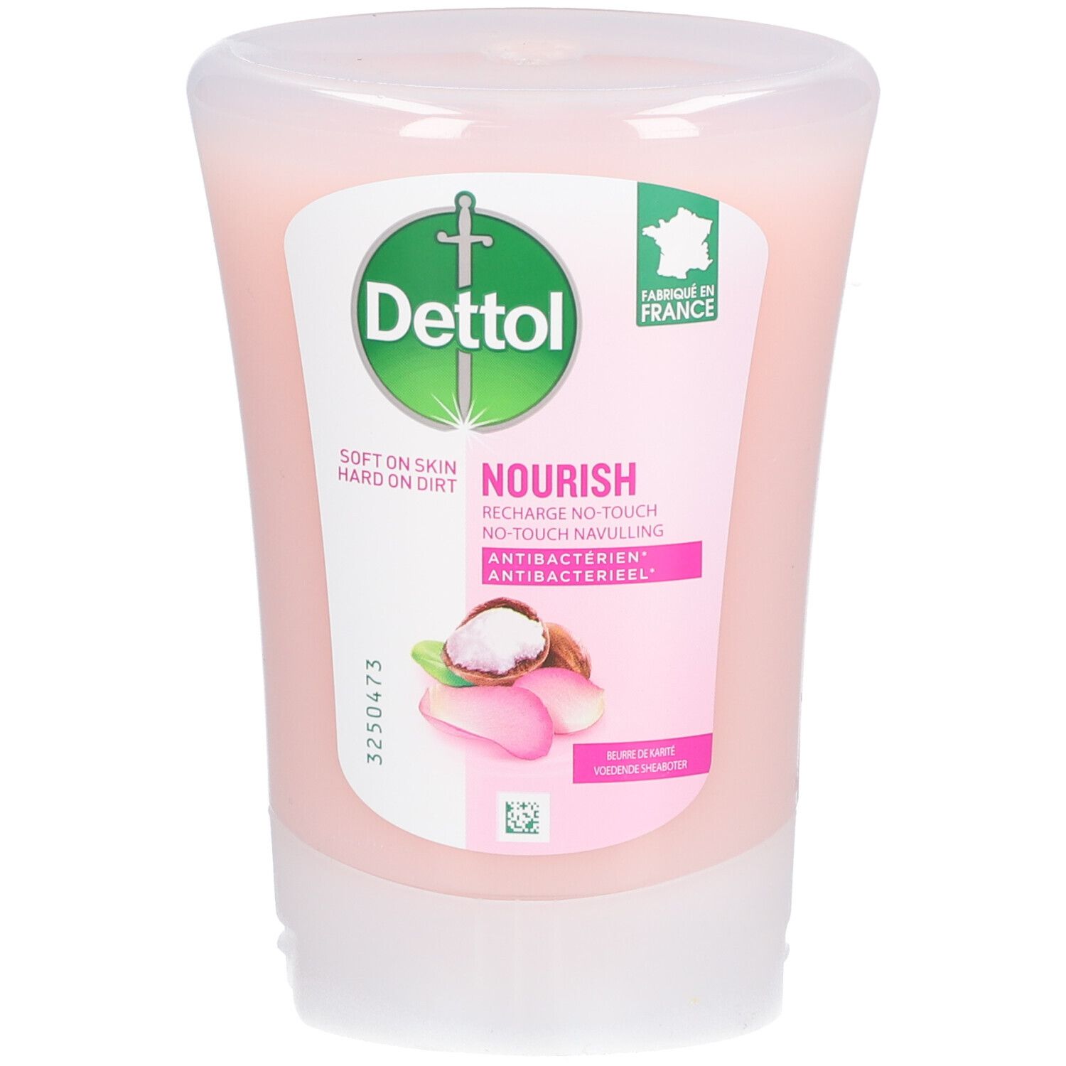 Roze vloeibare zeep in een transparante fles. Dettol-logo en productnaam op de voorkant. Gemaakt in Frankrijk.