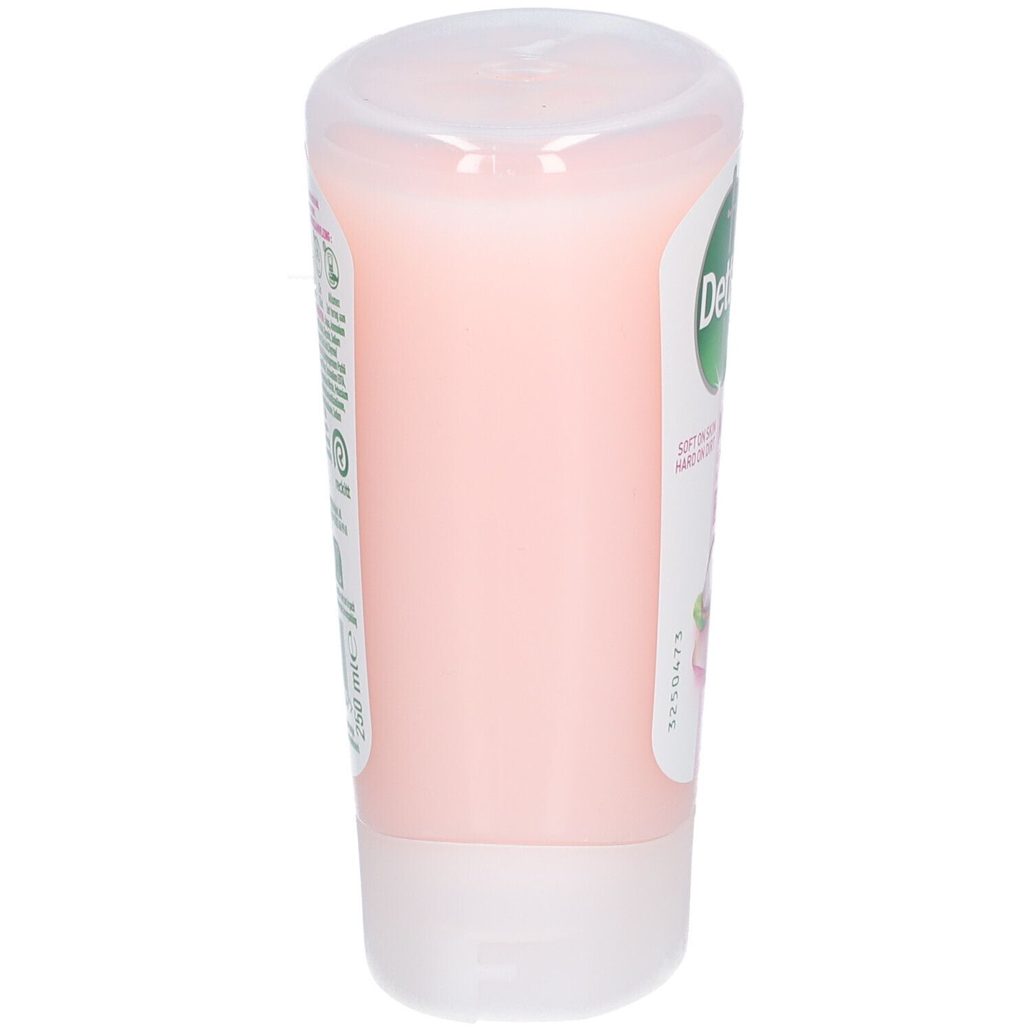 Zijaanzicht van roze vloeibare zeep in een transparante fles. Dettol-logo en productnaam zichtbaar.