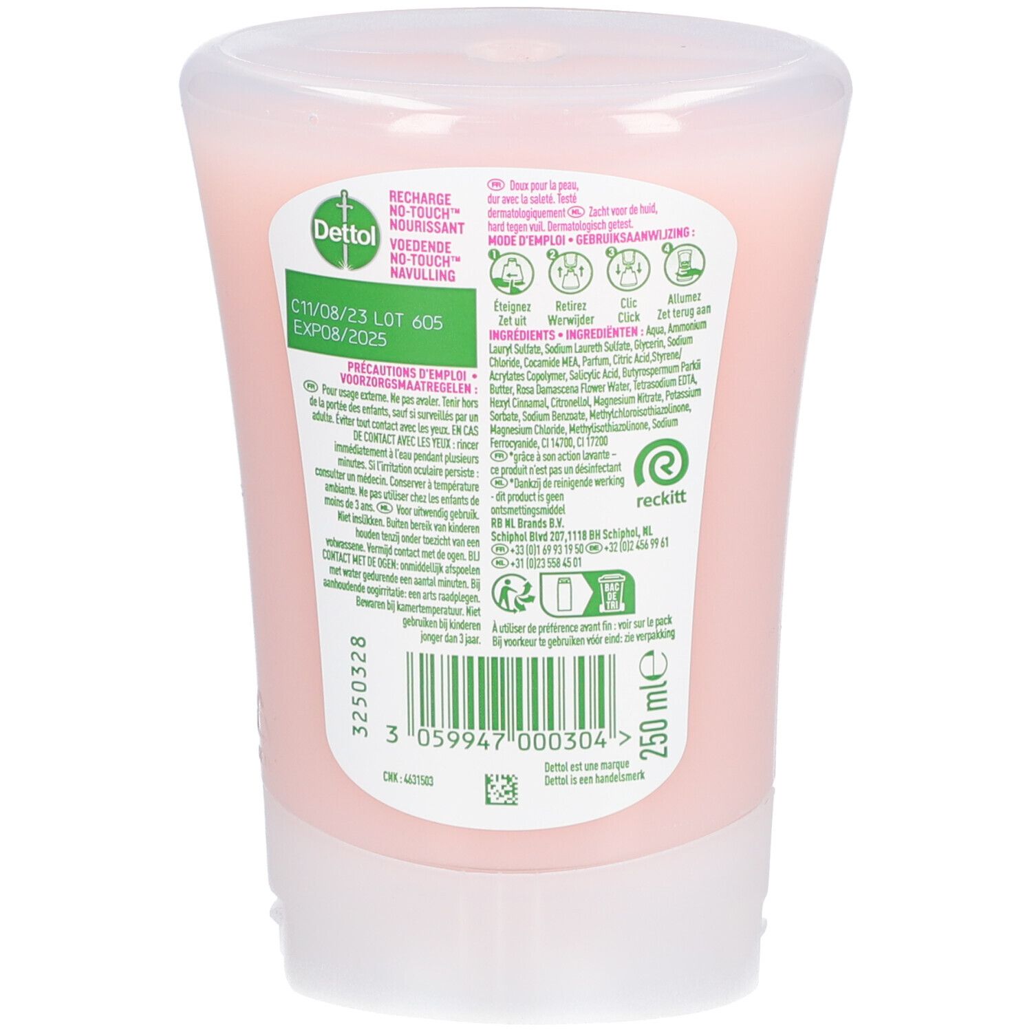 Achterkant van de roze vloeibare zeep. Productinformatie, ingrediënten en fabrikantgegevens. Volume: 250 ml.