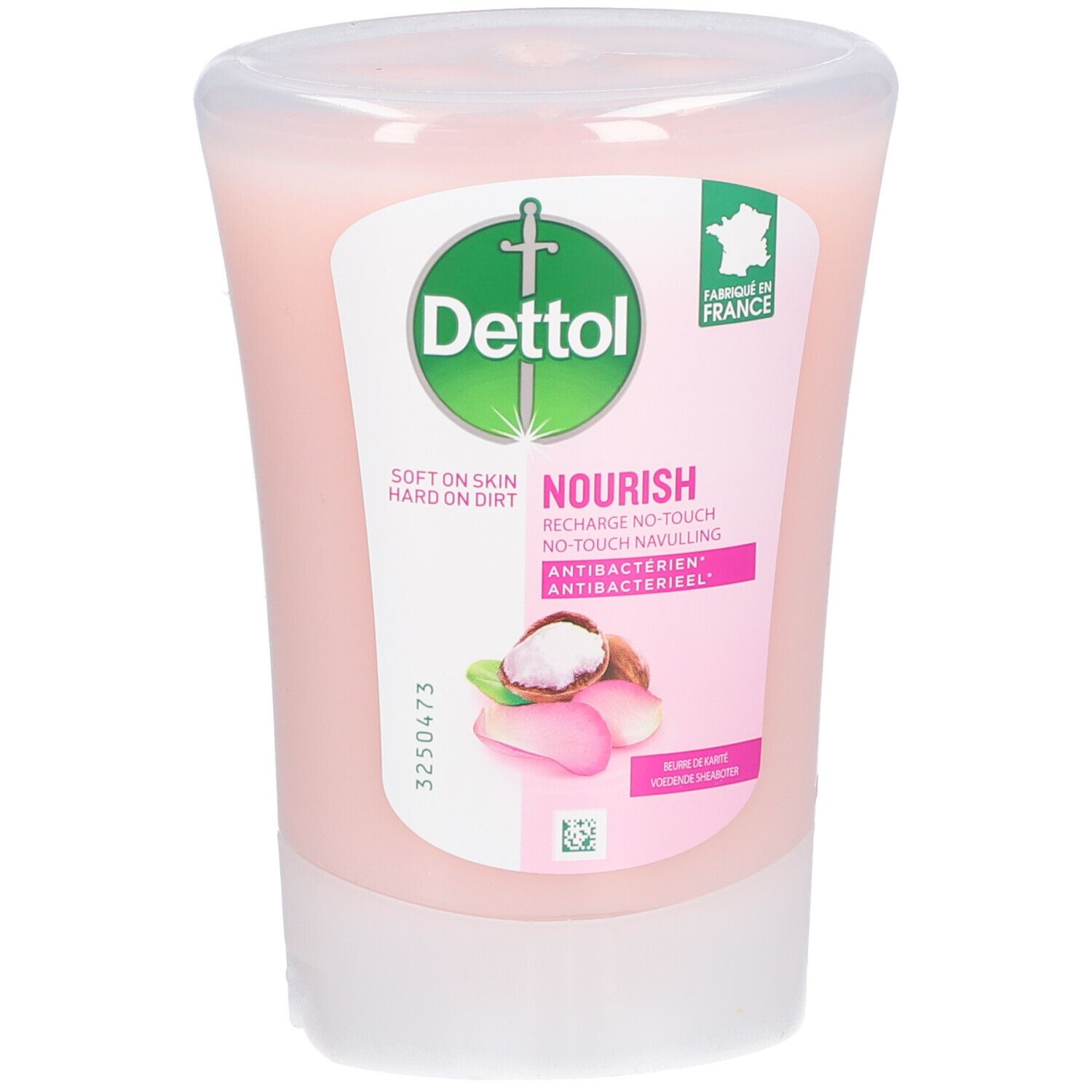 Roze vloeibare zeep in een transparante fles. Dettol-logo en productnaam op de voorkant. Gemaakt in Frankrijk.