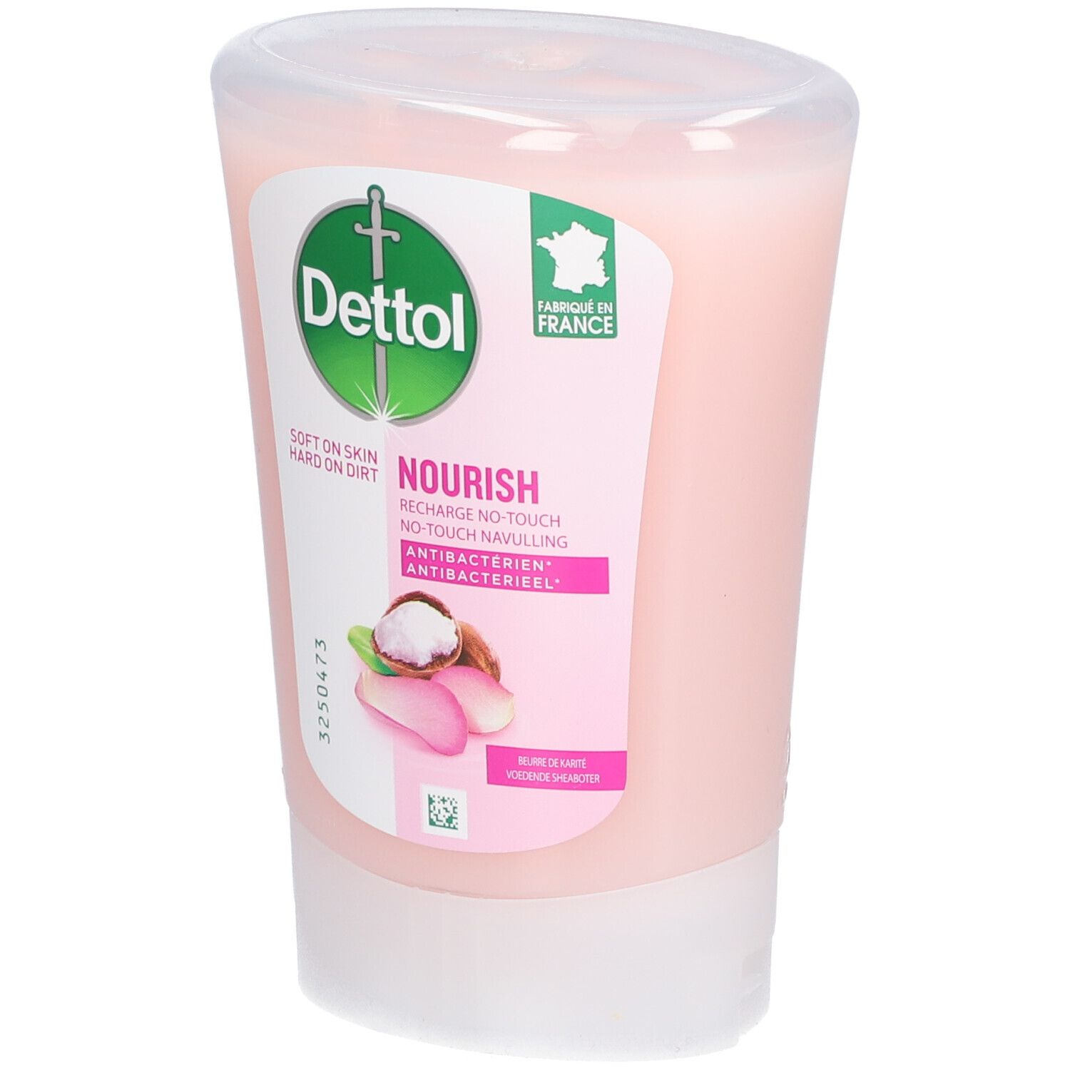 Roze vloeibare zeep in een transparante fles. Dettol-logo en productnaam op de voorkant. Gemaakt in Frankrijk.