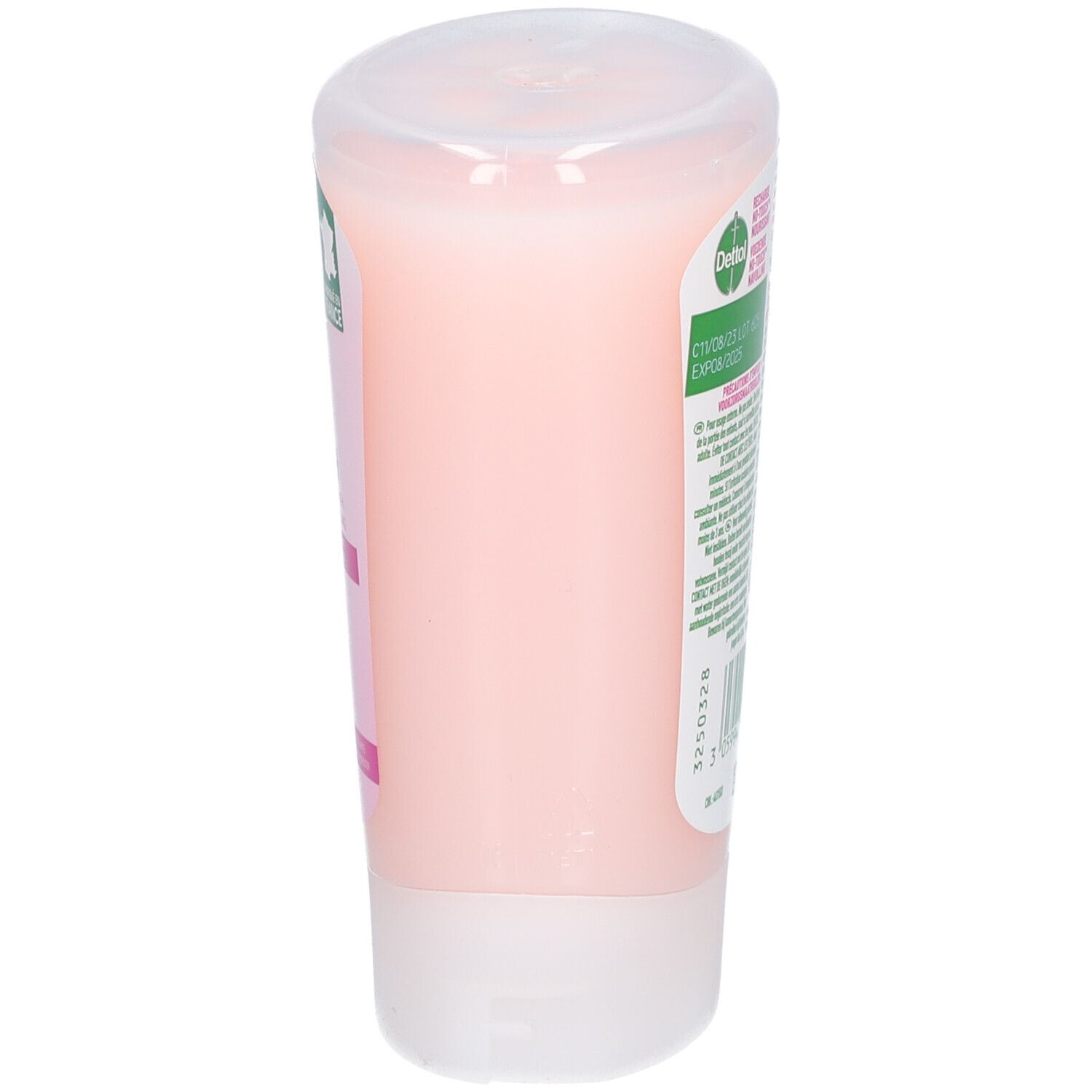 Zijaanzicht van roze vloeibare zeep in een transparante fles. Dettol-logo en productnaam zichtbaar.