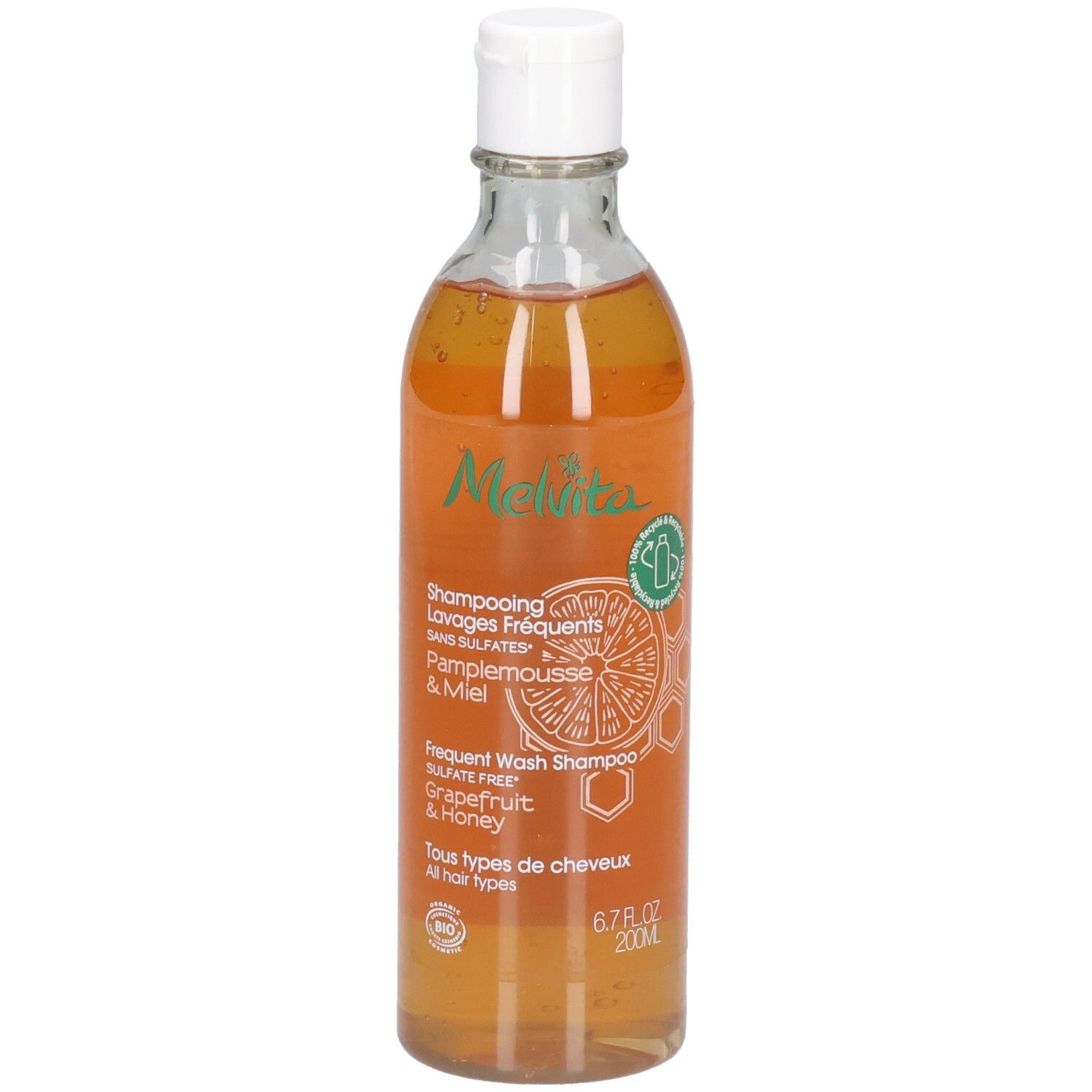 Eine Flasche Melvita Frequent Wash Shampoo mit Grapefruit & Honig. 200ml.
