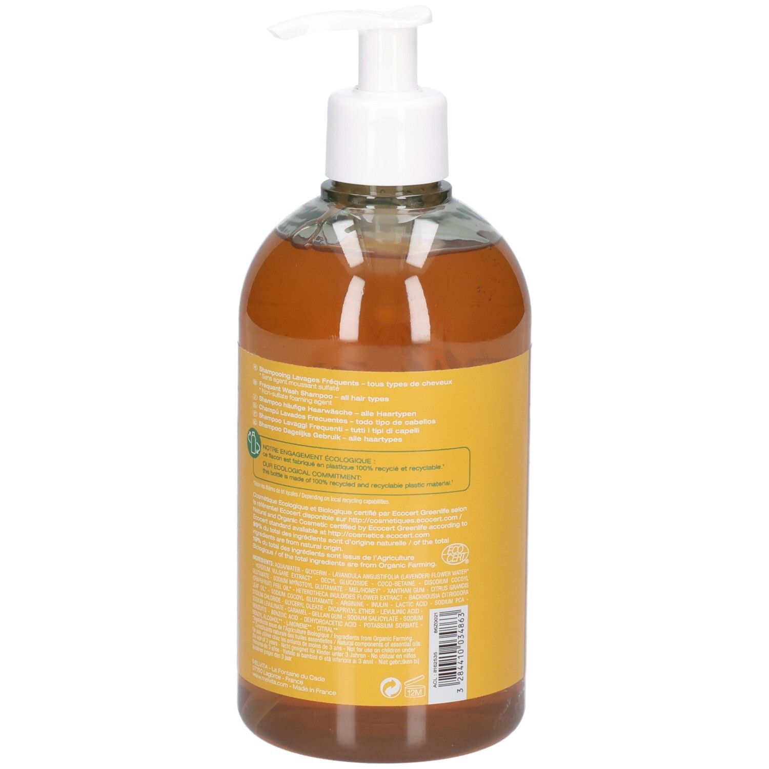 Braune Flüssigseife in durchsichtiger Pumpeflasche mit gelbem Etikett.