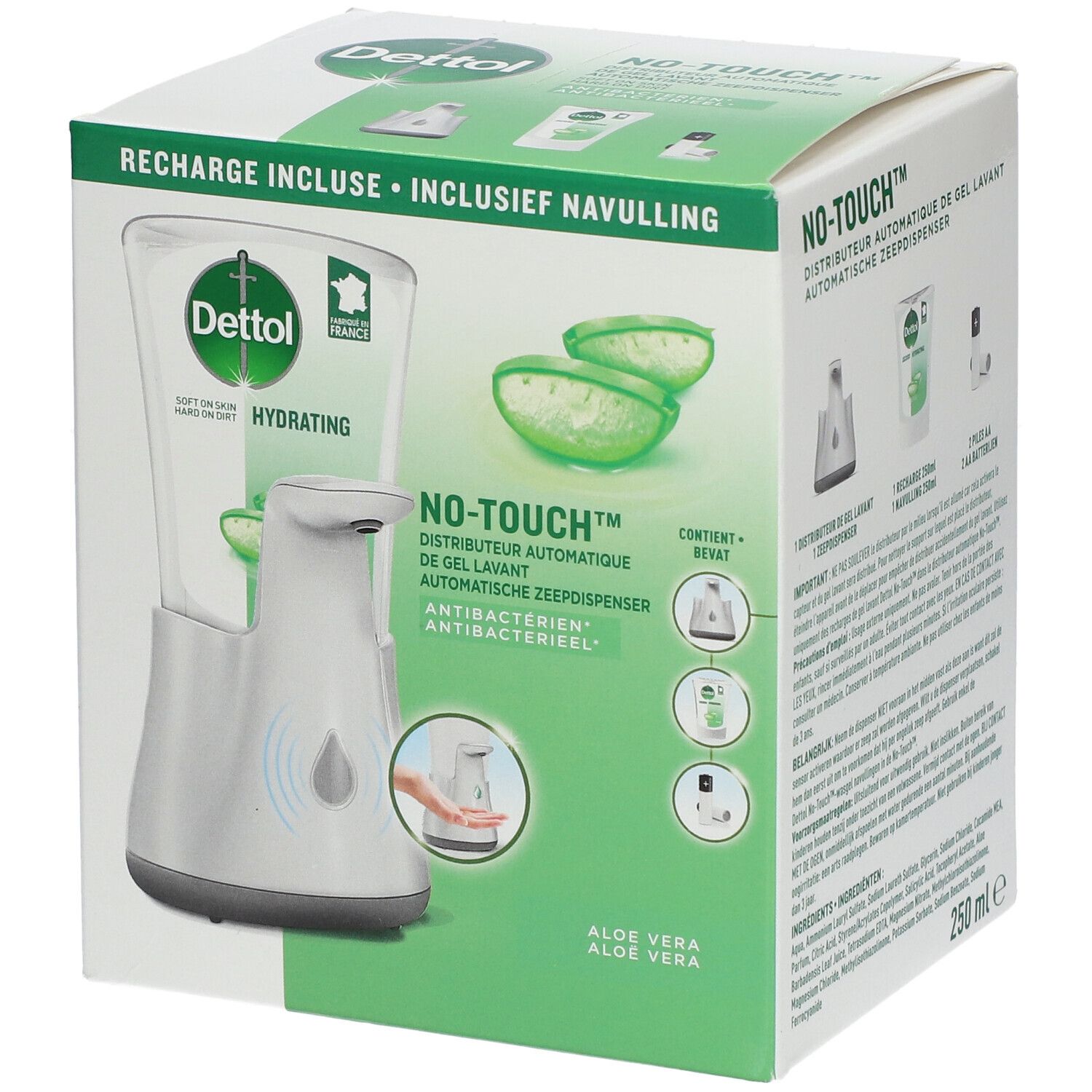 Verpakking Dettol No-Touch. Navulling inbegrepen. Aloë vera-motief. Automatische zeepdispenser.