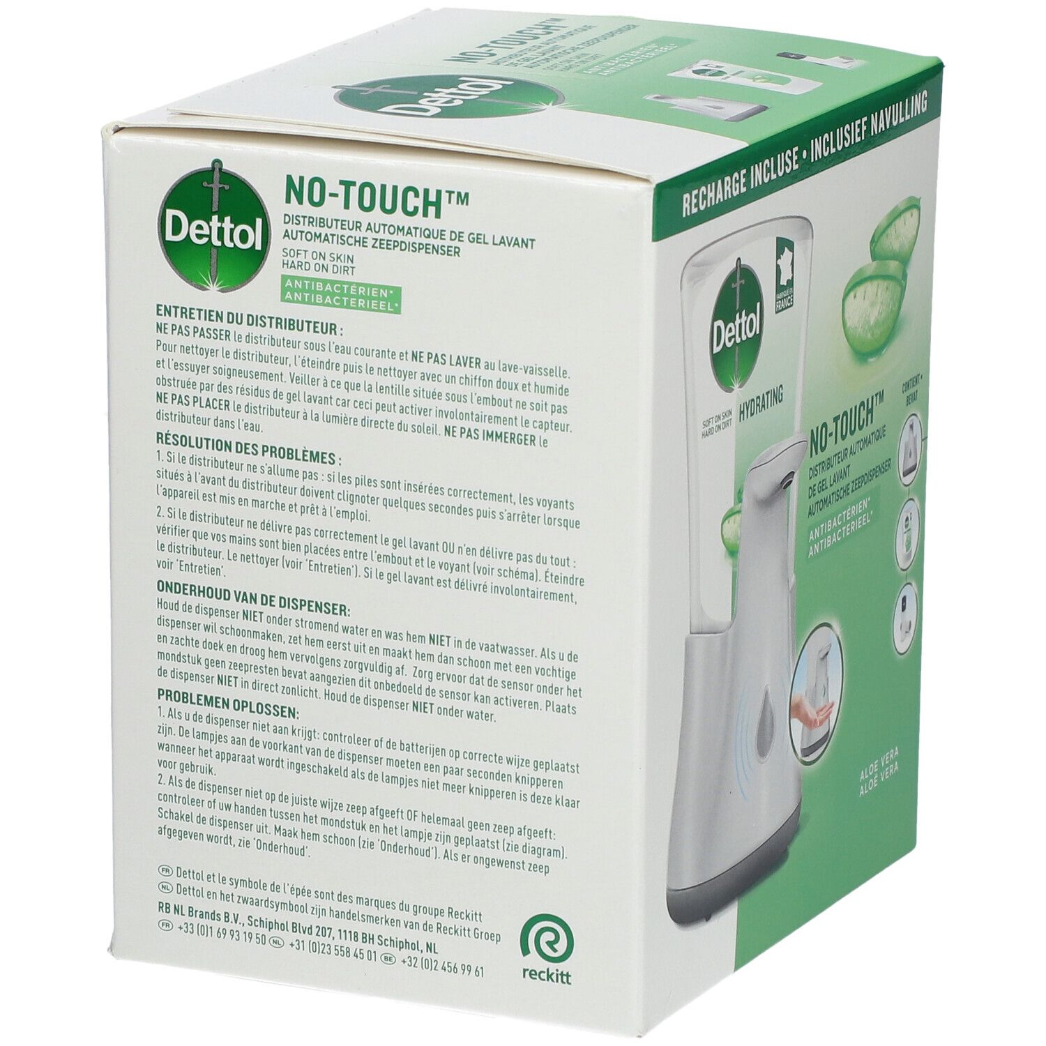 Achterkant van de Dettol No-Touch verpakking met tekst en illustraties. Automatische zeepdispenser.