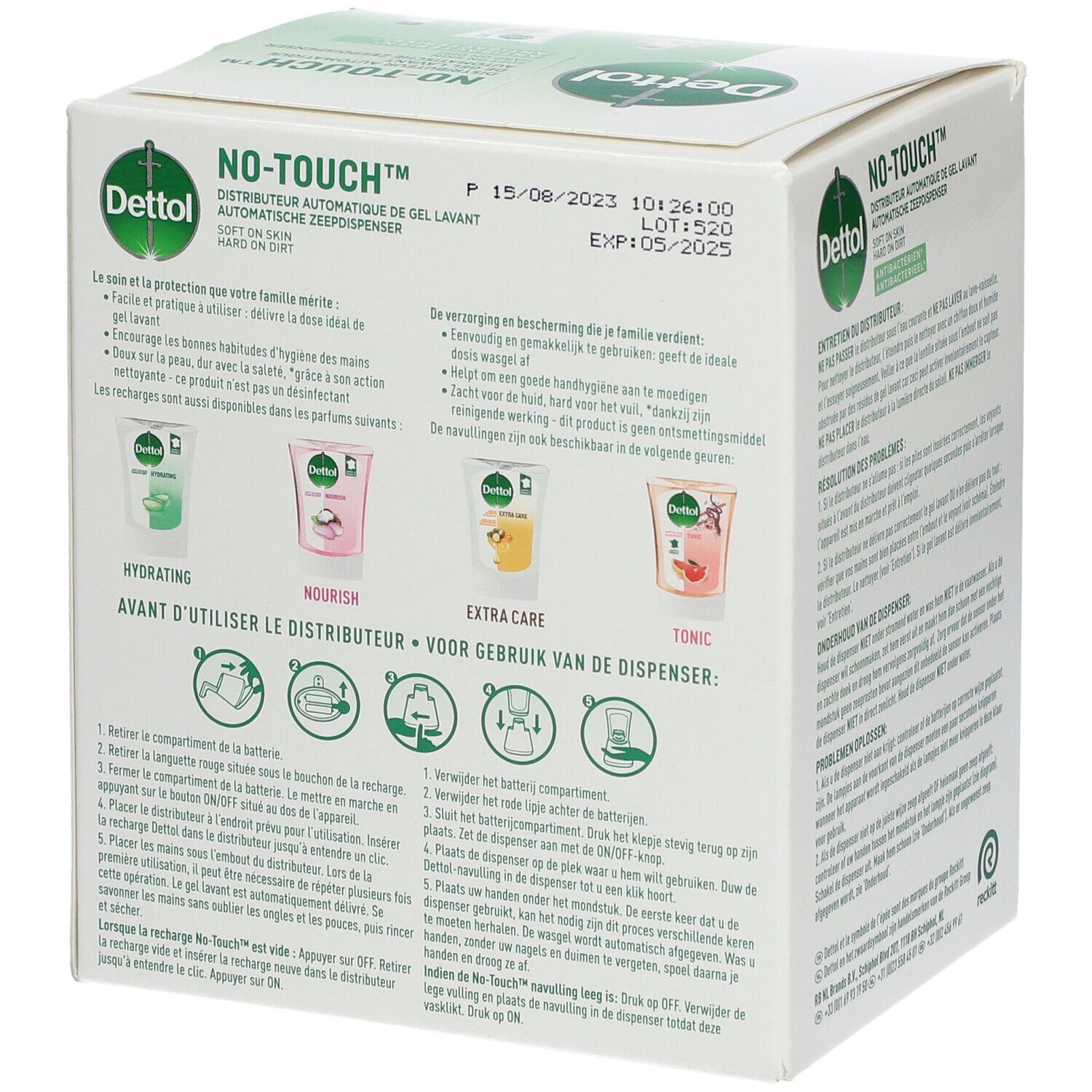Achterkant verpakking met productinformatie. Dettol No-Touch. Houdbaarheidsdatum. Aloë Vera.