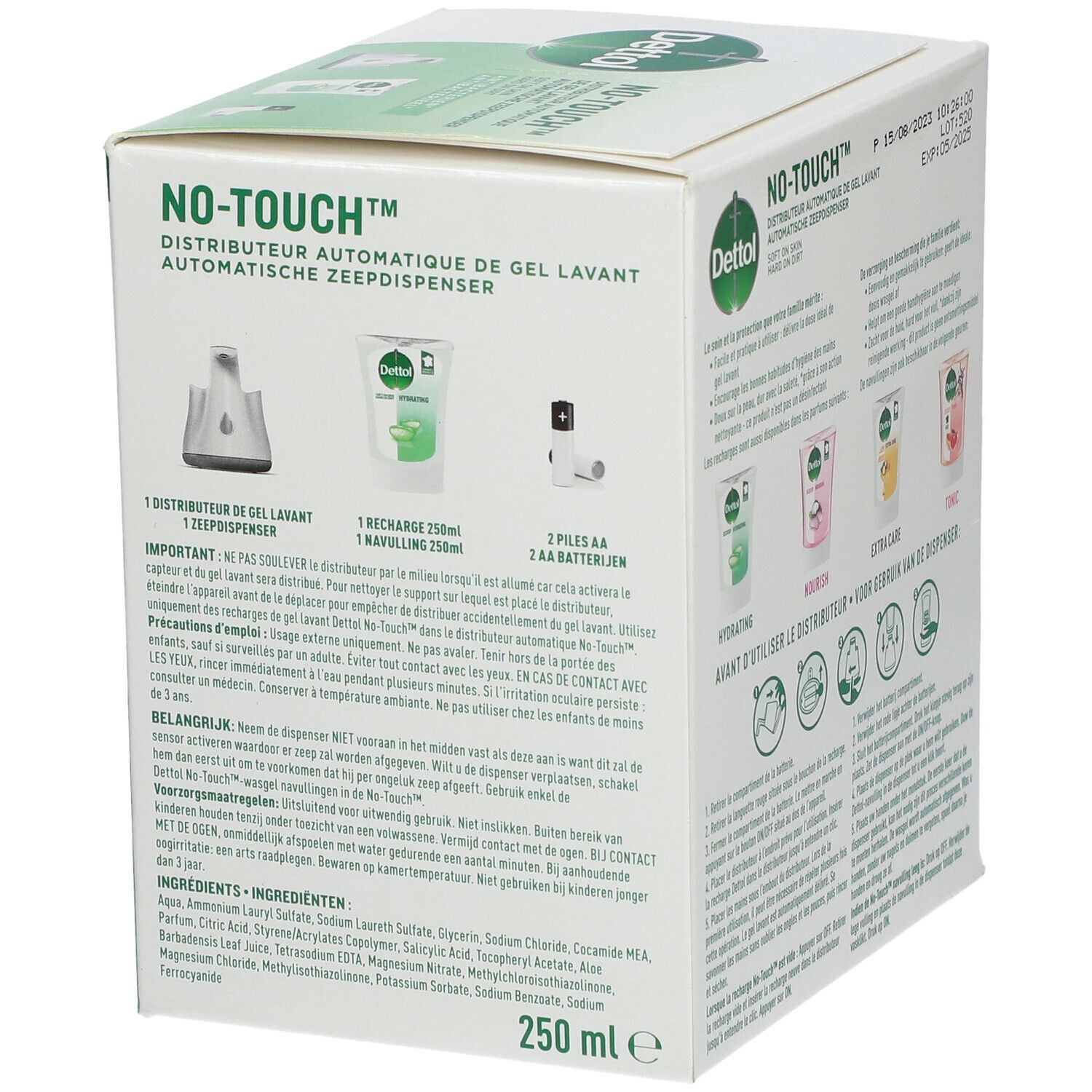 Verpakking met productinformatie. Dettol No-Touch. Ingrediënten. 250 ml. Aloë Vera.