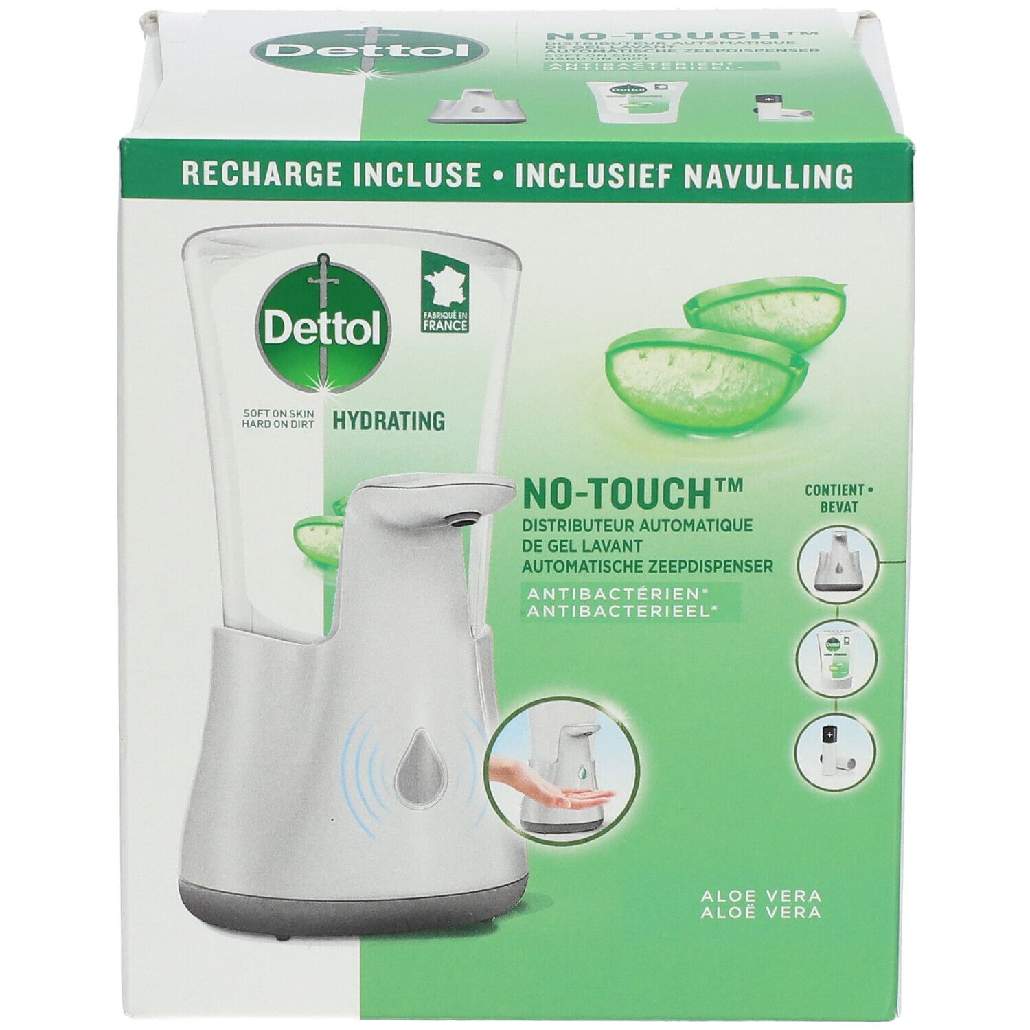 Verpakking Dettol No-Touch. Navulling inbegrepen. Aloë vera-motief. Automatische zeepdispenser.