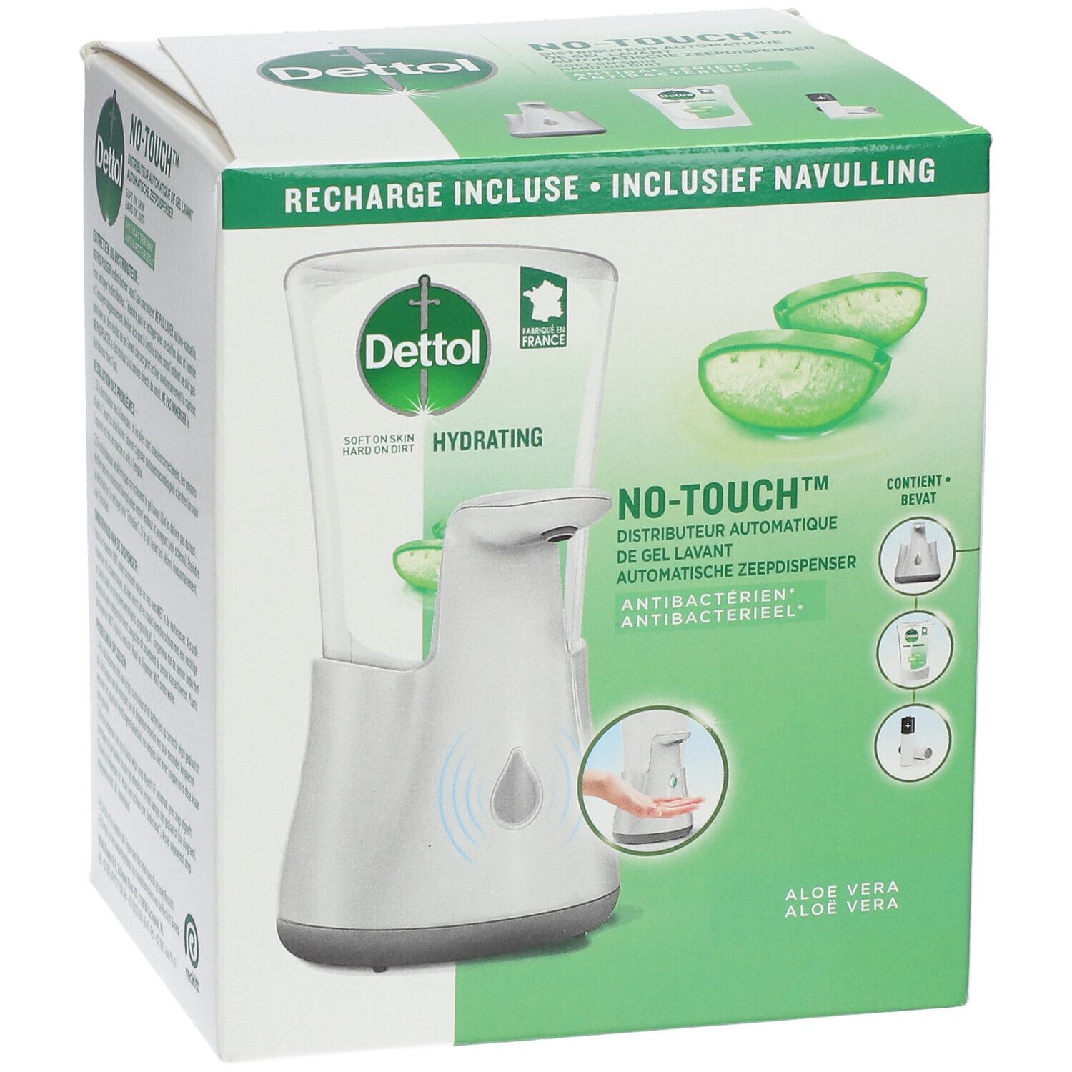 Verpakking Dettol No-Touch. Navulling inbegrepen. Aloë vera-motief. Automatische zeepdispenser.
