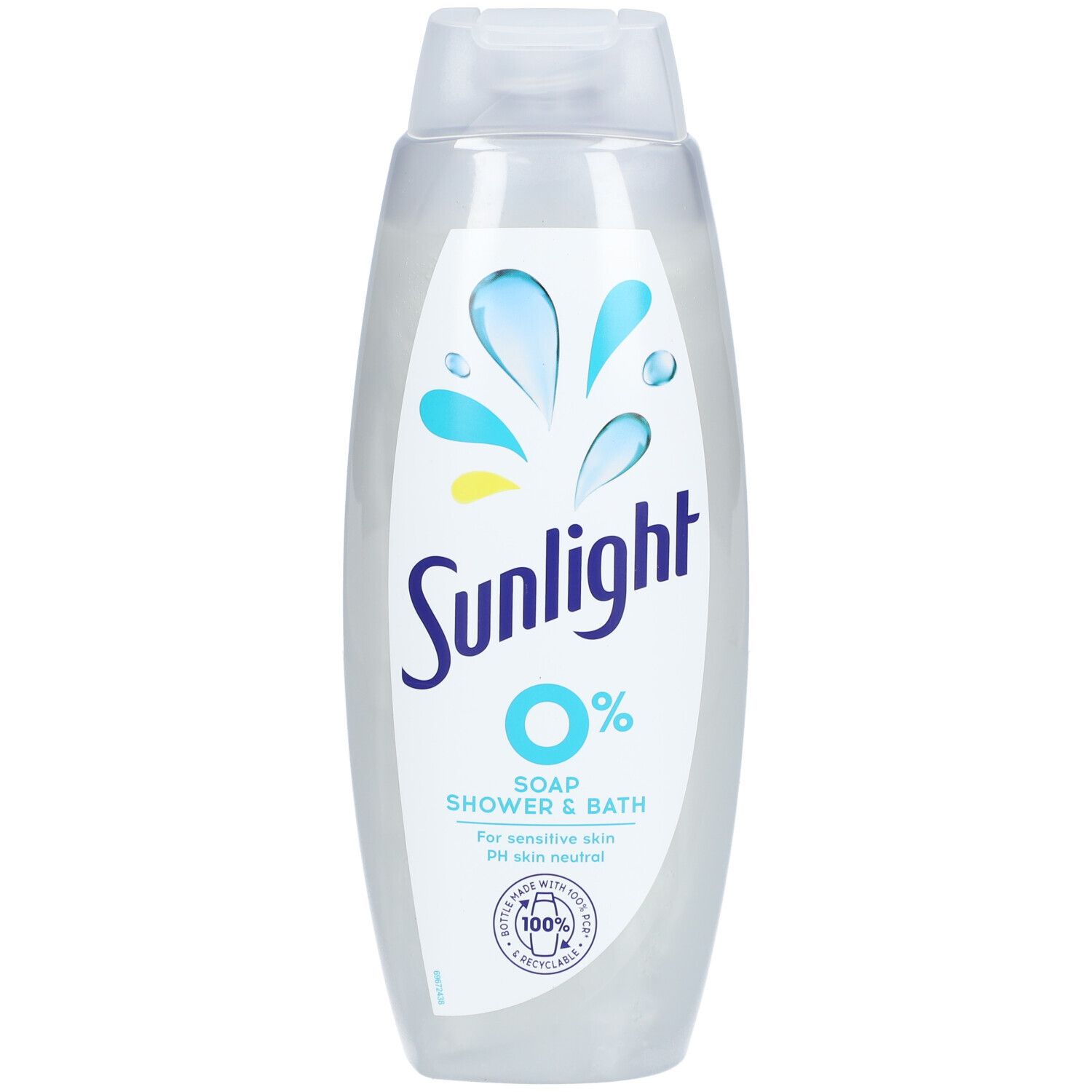 Transparante fles Sunlight 0% Soap Shower & Bath. Blauw logo, witte tekst. Voor gevoelige huid.
