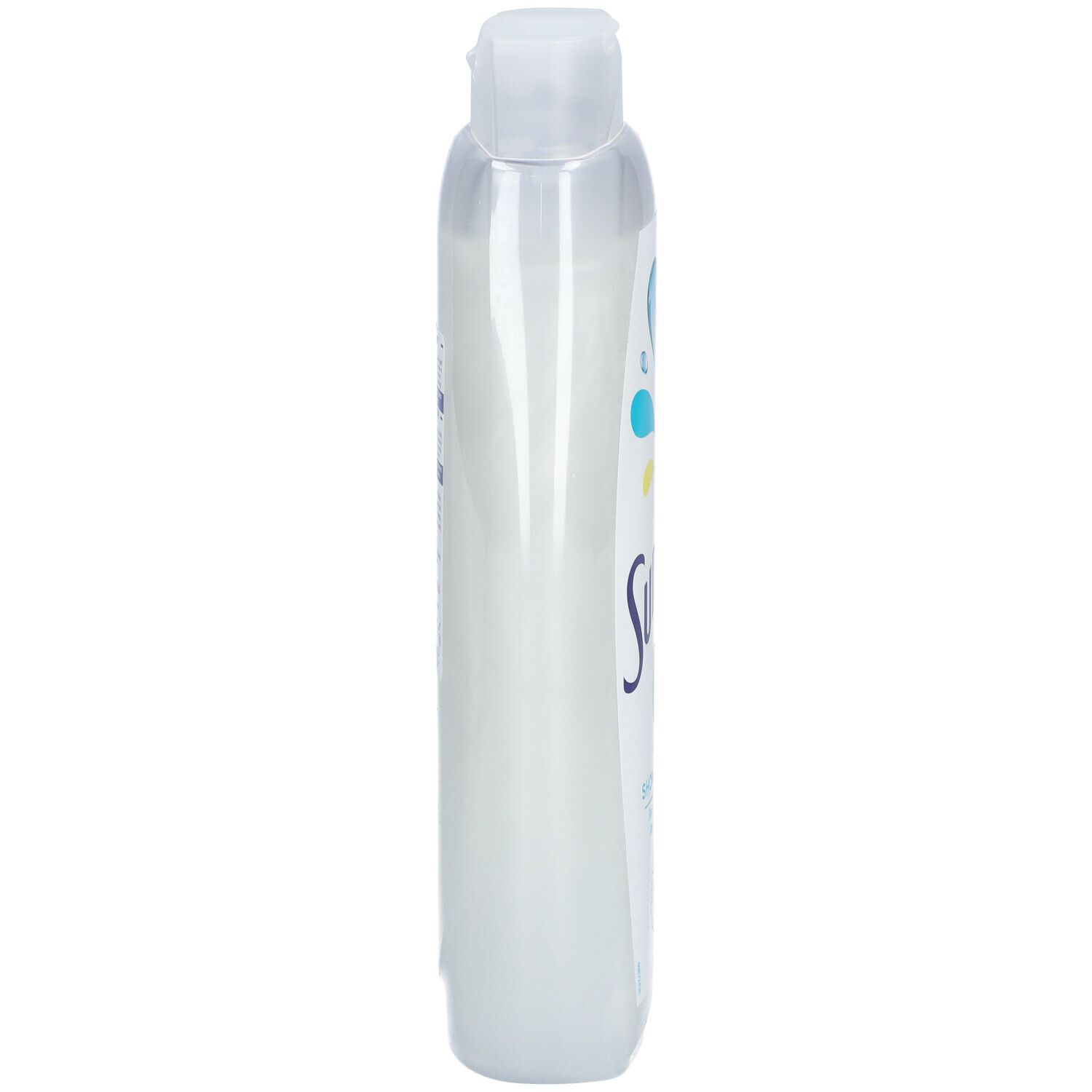 Zijaanzicht van de Sunlight 0% Soap Shower & Bath fles. Transparante fles met witte inhoud.