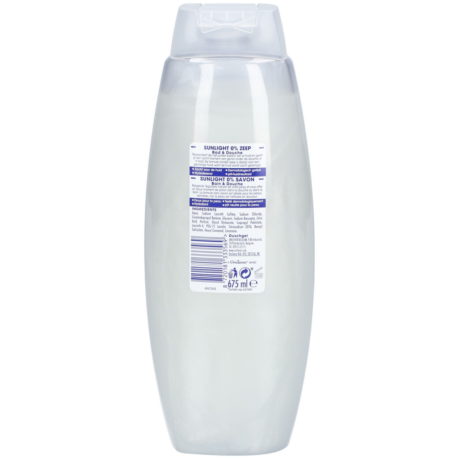 Achterkant van de Sunlight 0% Soap Shower & Bath fles. Tekstinformatie en barcode.