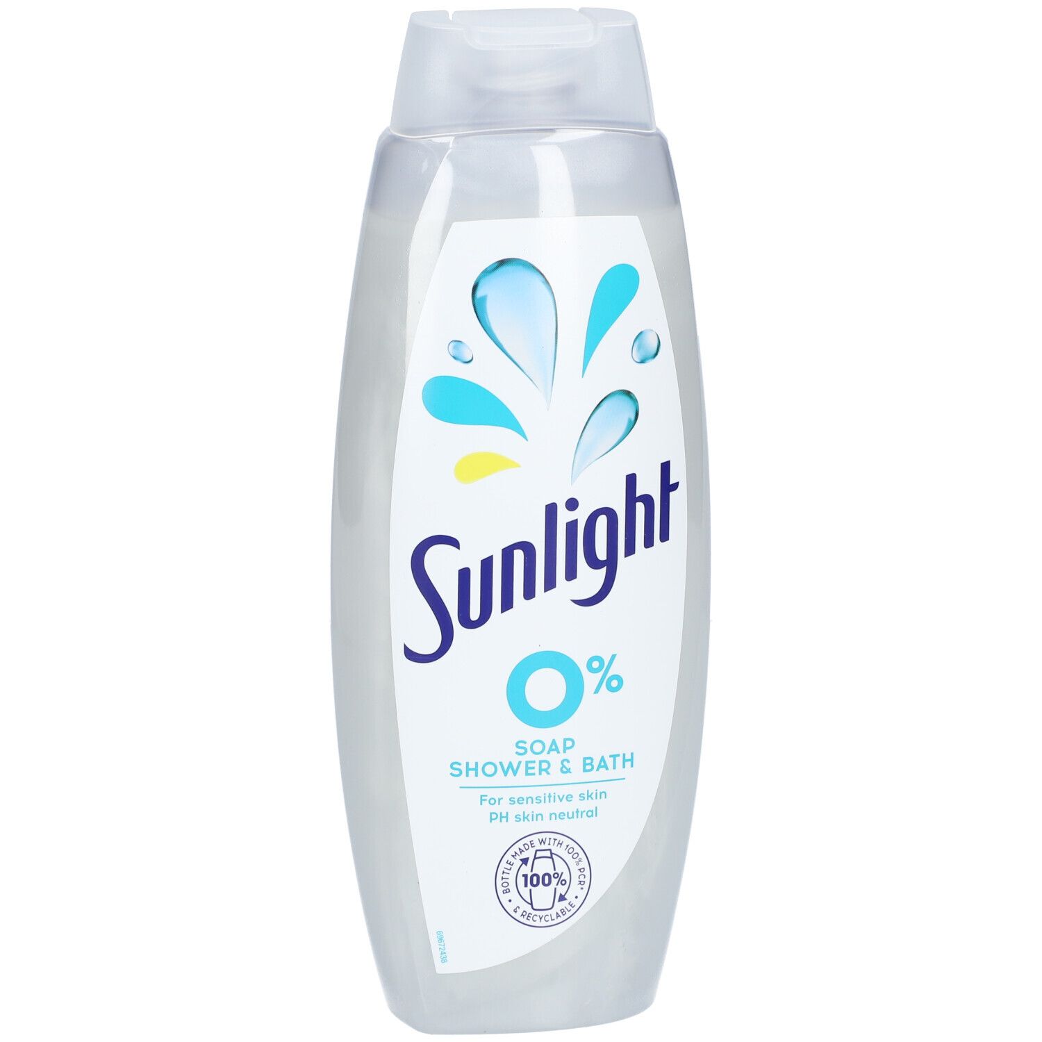 Sunlight 0% Soap Shower & Bath fles. Blauw logo, witte tekst. Voor gevoelige huid.