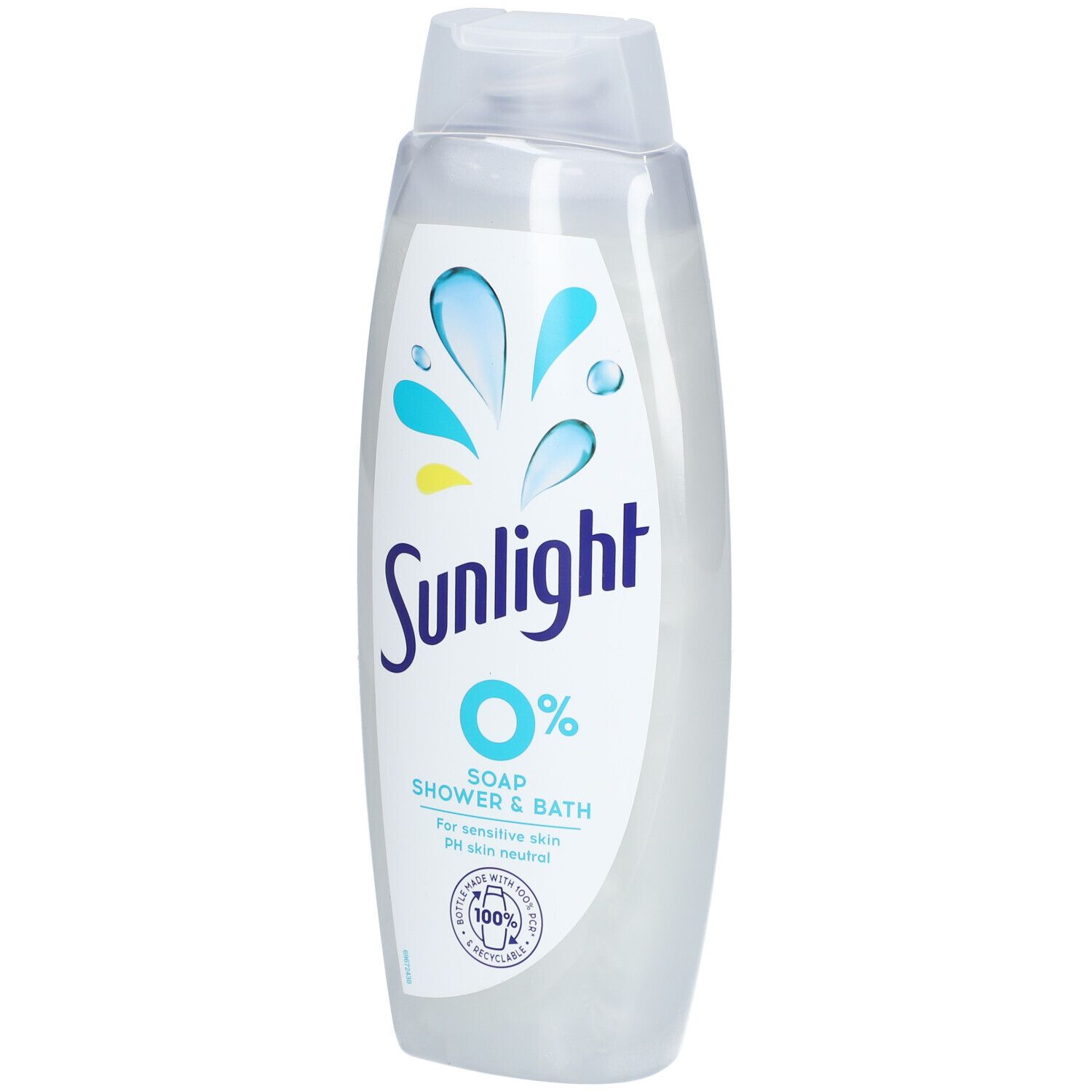 Sunlight 0% Soap Shower & Bath fles. Blauw logo, witte tekst. Voor gevoelige huid.