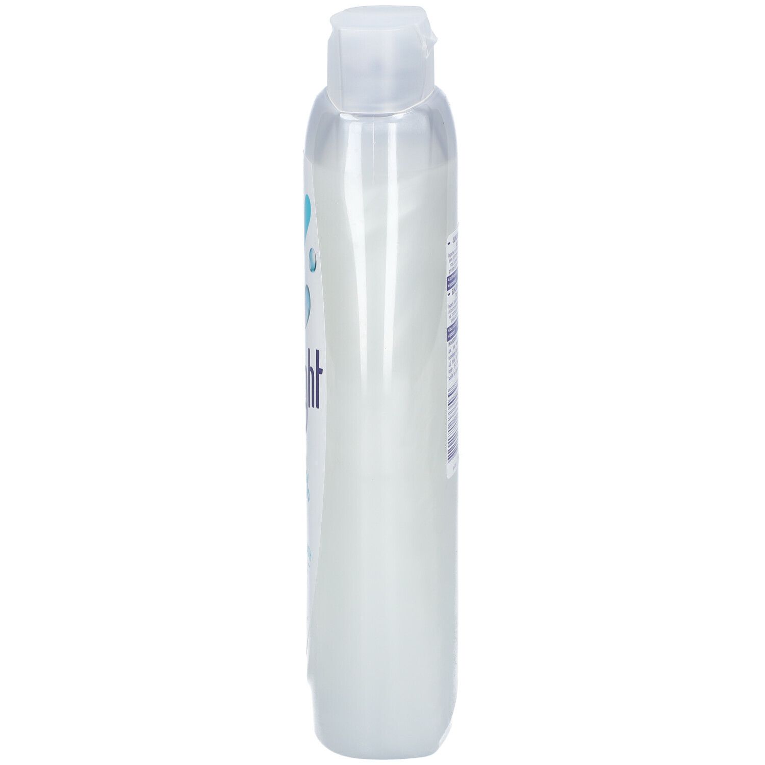 Zijaanzicht van de Sunlight 0% Soap Shower & Bath fles. Transparante fles met witte inhoud.