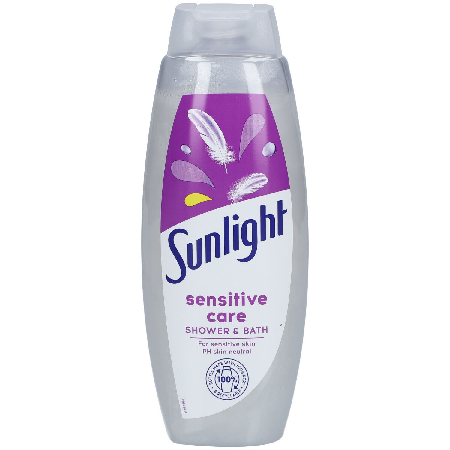 Fles Sunlight Sensitive Care. Wit-paars etiket met veren. Tekst: sensitive care, Shower & Bath. Voor de gevoelige huid.