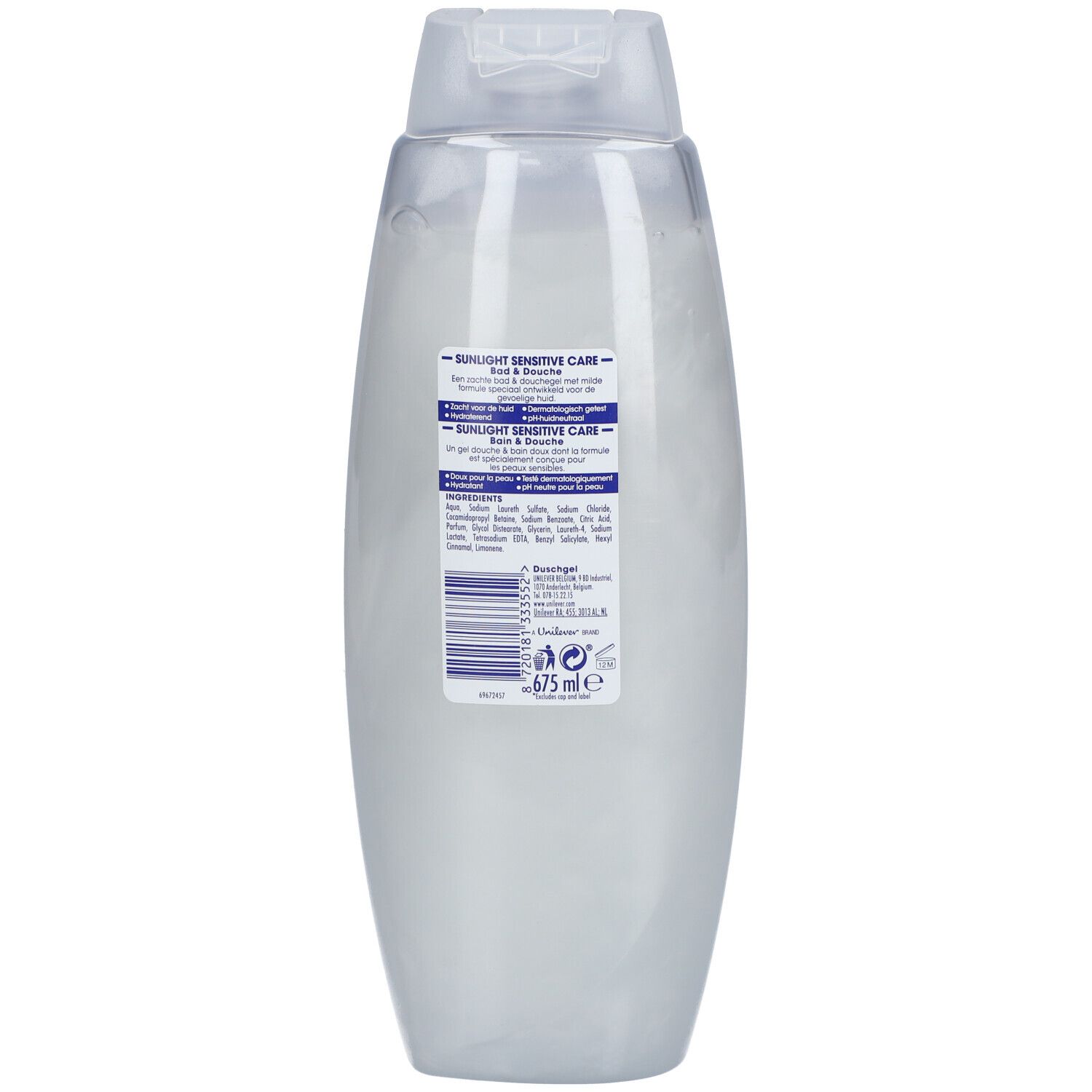 Achterkant van de Sunlight Sensitive Care fles. Tekst: Sunlight Sensitive Care, Bad & Douche. Ingrediënten en fabrikantinfo.