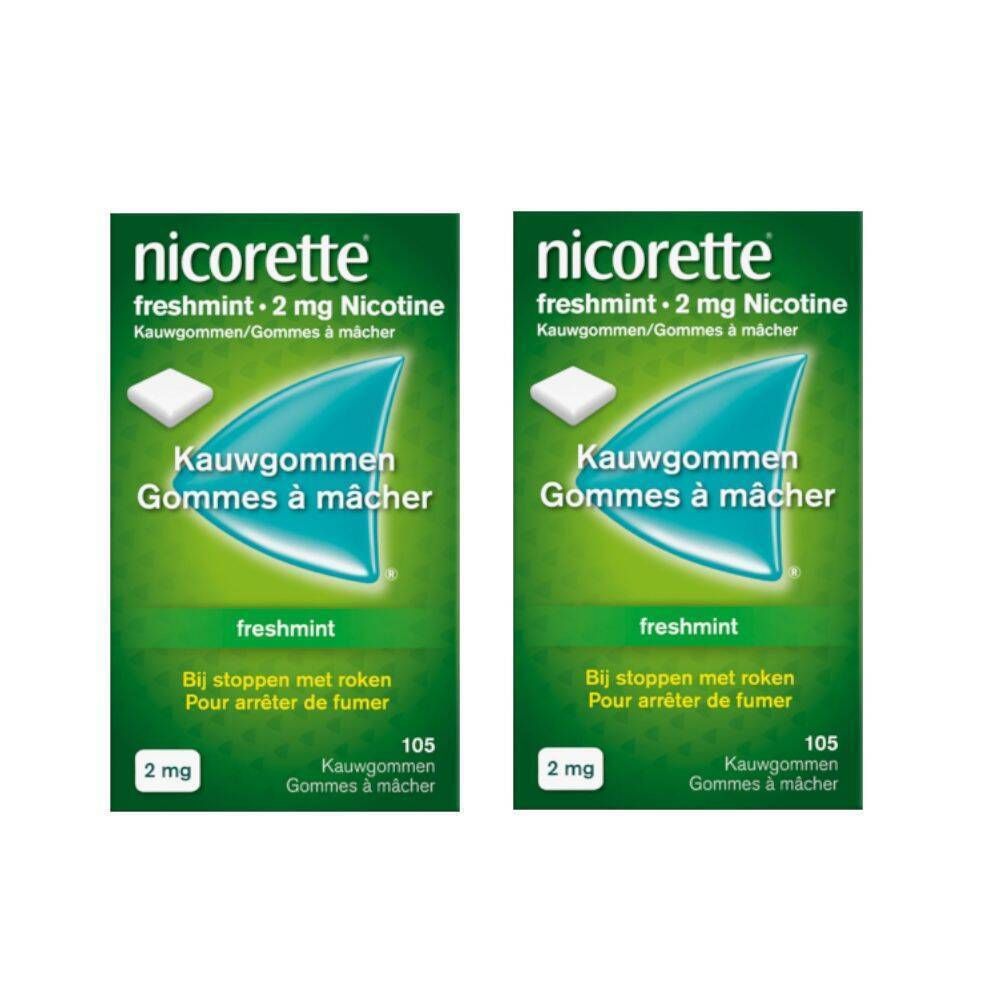 Twee dozen Nicorette Freshmint 2 mg. Groene verpakking met wit kauwgomsymbool. Tekst: Kauwgommen/Gommes à mâcher.