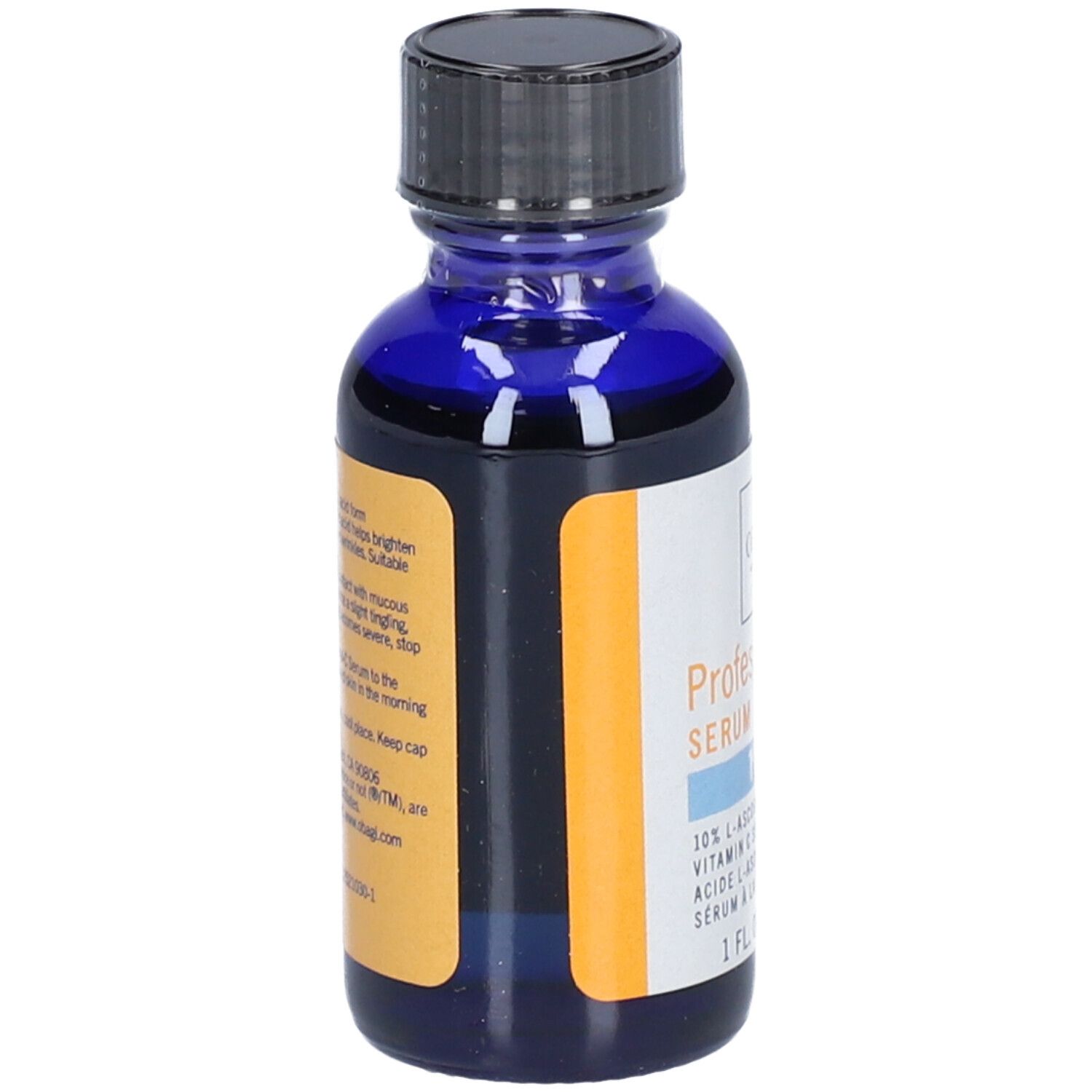 Blaue Glasflasche mit schwarzem Deckel. Etikett mit Produktinformationen. Enthält 10% L-Ascorbinsäure.