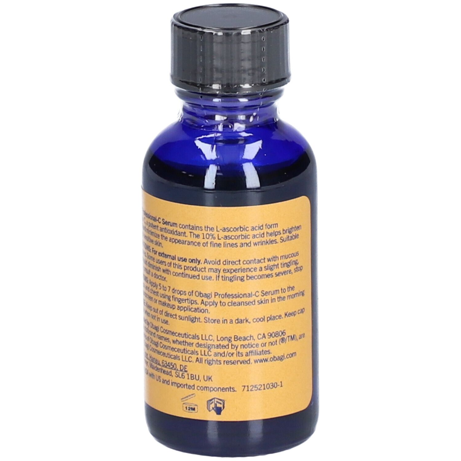 Blaue Glasflasche mit schwarzem Deckel. Etikett mit Produktinformationen. Enthält 10% L-Ascorbinsäure.