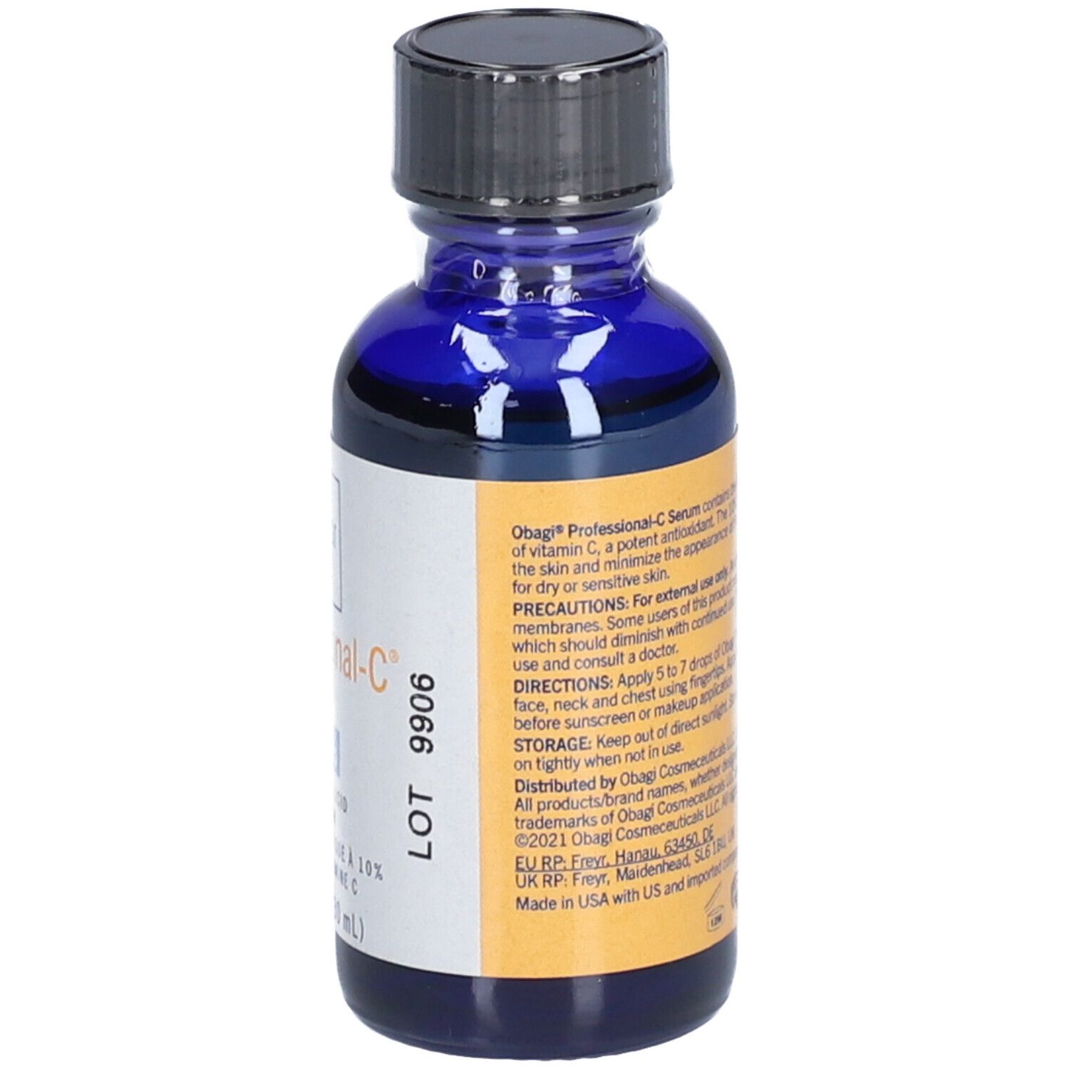 Blaue Glasflasche mit schwarzem Deckel. Etikett mit Produktinformationen. Enthält 10% L-Ascorbinsäure.