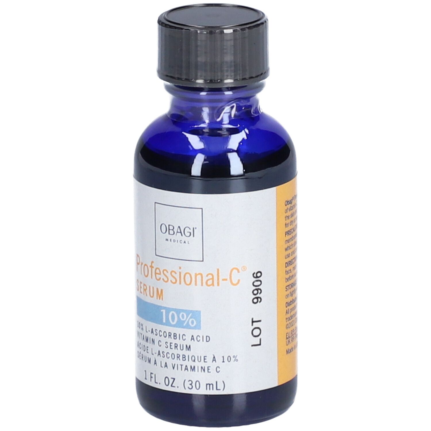 Blaue Glasflasche mit schwarzem Deckel. Etikett mit Produktnamen: Professional-C Serum 10%. Enthält 10% L-Ascorbinsäure.