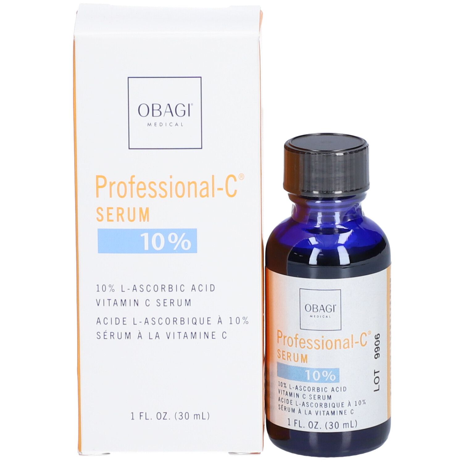Produkt und Verpackung. Blaue Glasflasche mit schwarzem Deckel und Karton. Professional-C Serum 10%.