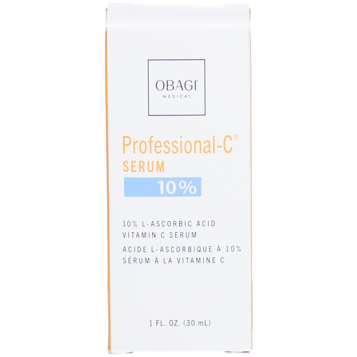 Weiße Verpackung mit Produktnamen: Professional-C Serum 10%. Enthält 10% L-Ascorbinsäure.