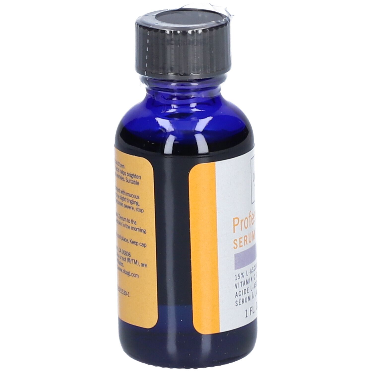 Blaue Glasflasche mit schwarzem Deckel. Etikett mit Produktnamen, Marke und Inhaltsangabe. 1 fl. oz. (30 ml).