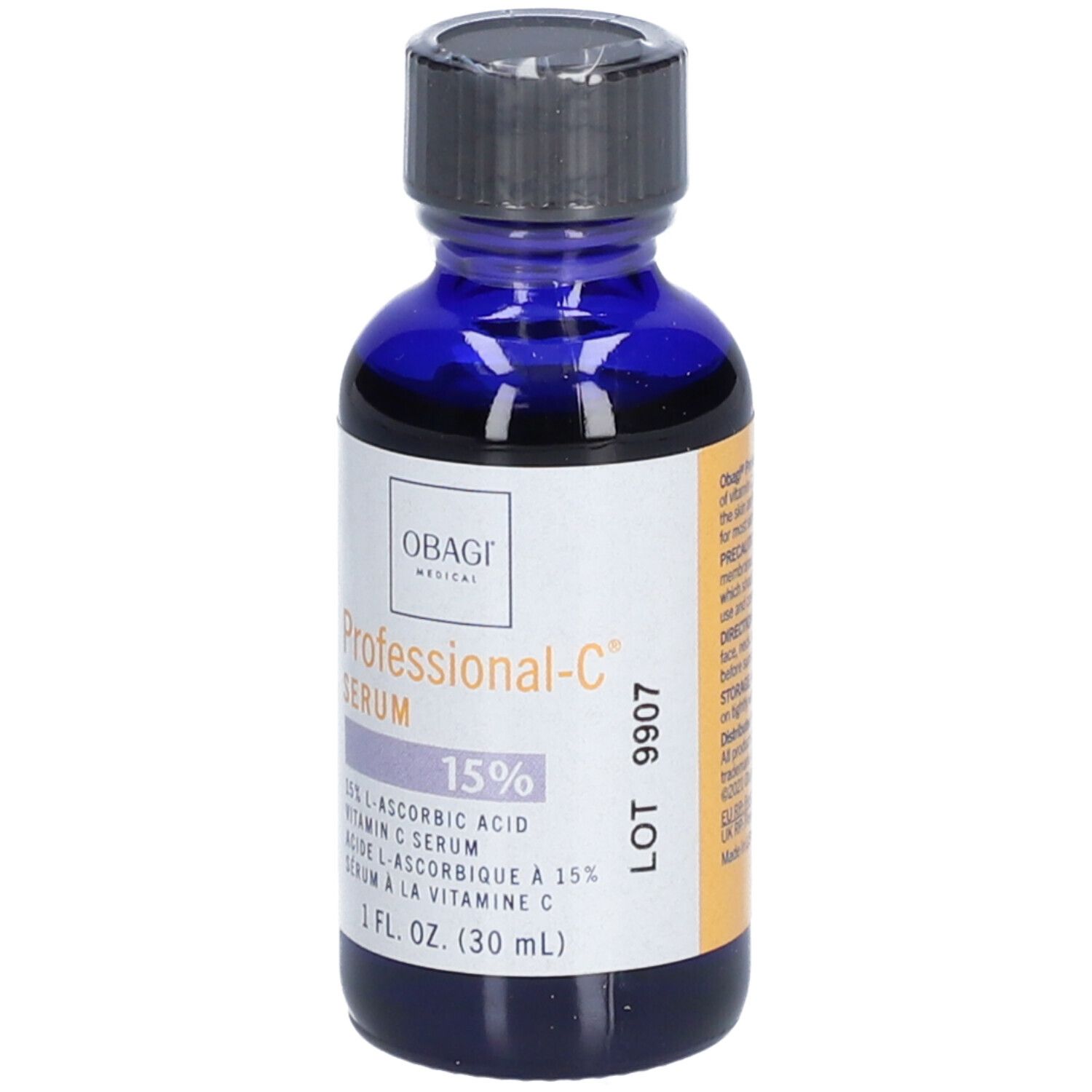 Blaue Glasflasche mit schwarzem Deckel. Etikett mit Produktnamen, Marke und Inhaltsangabe. 1 fl. oz. (30 ml).