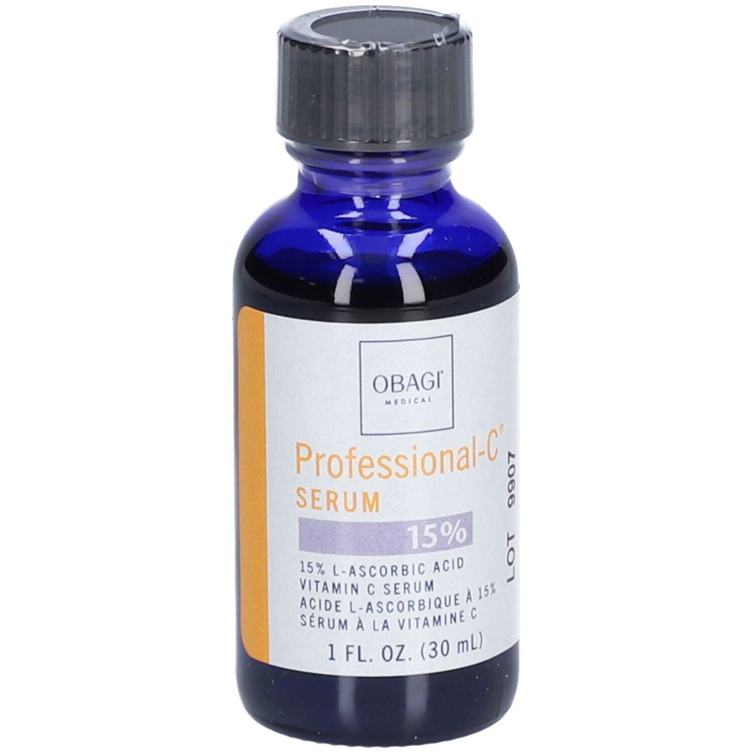 Blaue Glasflasche mit schwarzem Deckel. Etikett mit Produktnamen, Marke und Inhaltsangabe. 1 fl. oz. (30 ml).