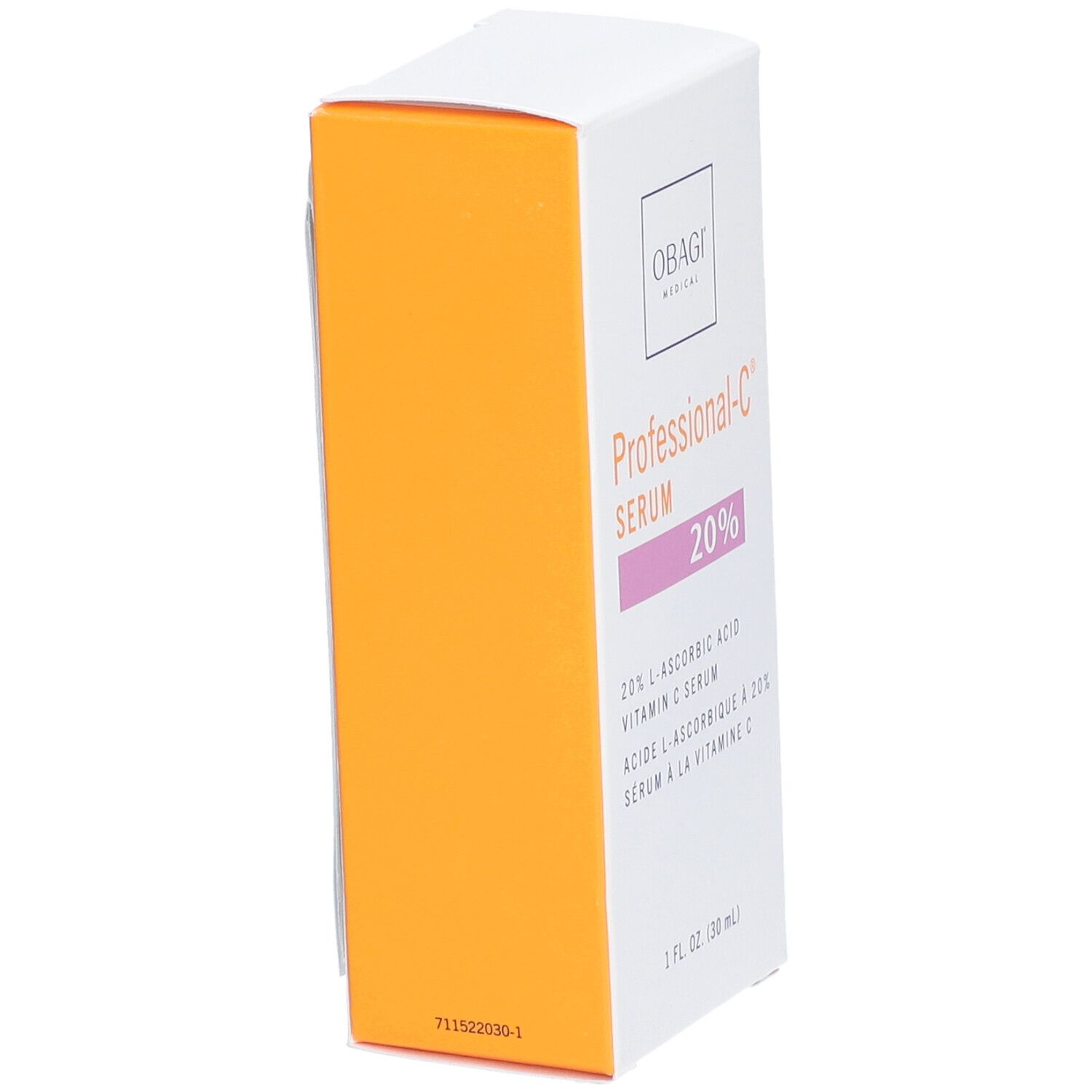 Schachtel Professional-C Serum 20% in weiß-orangefarbenem Design. Enthält 20% L-Ascorbinsäure Vitamin C Serum.