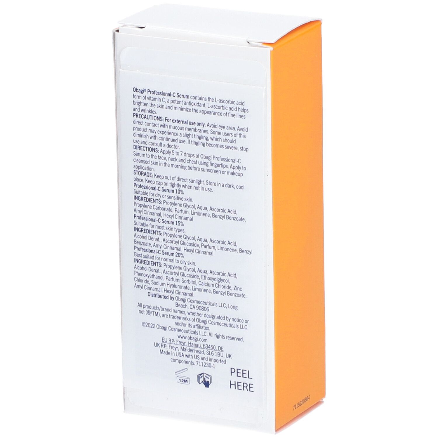 Rückseite der weißen und orangefarbenen Schachtel. Text mit Inhaltsstoffen und Anwendungshinweisen. Marke Obagi Medical.
