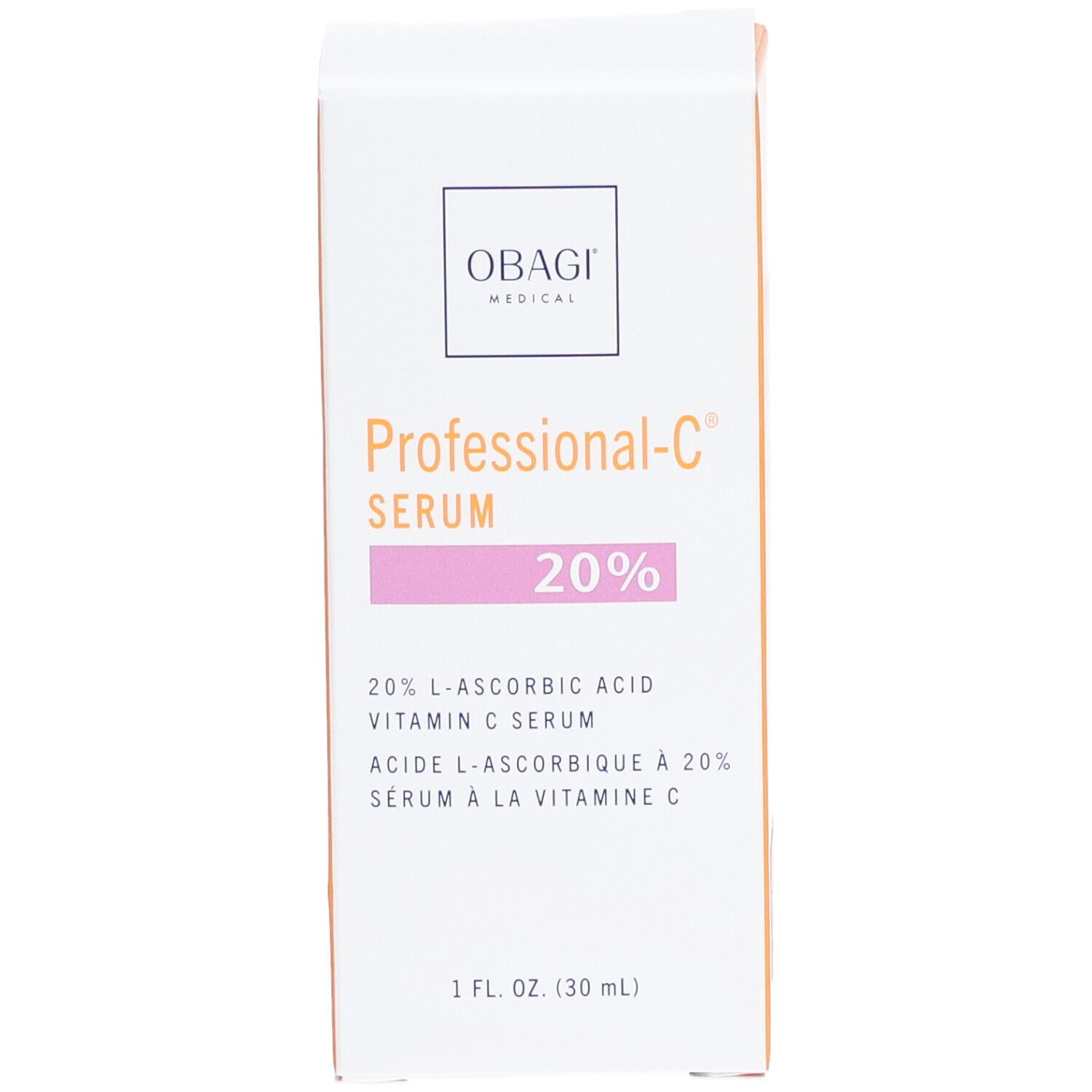 Weiße und orangefarbene Schachtel mit Produktbezeichnung Professional-C Serum 20%. Enthält 20% L-Ascorbinsäure Vitamin C Serum.