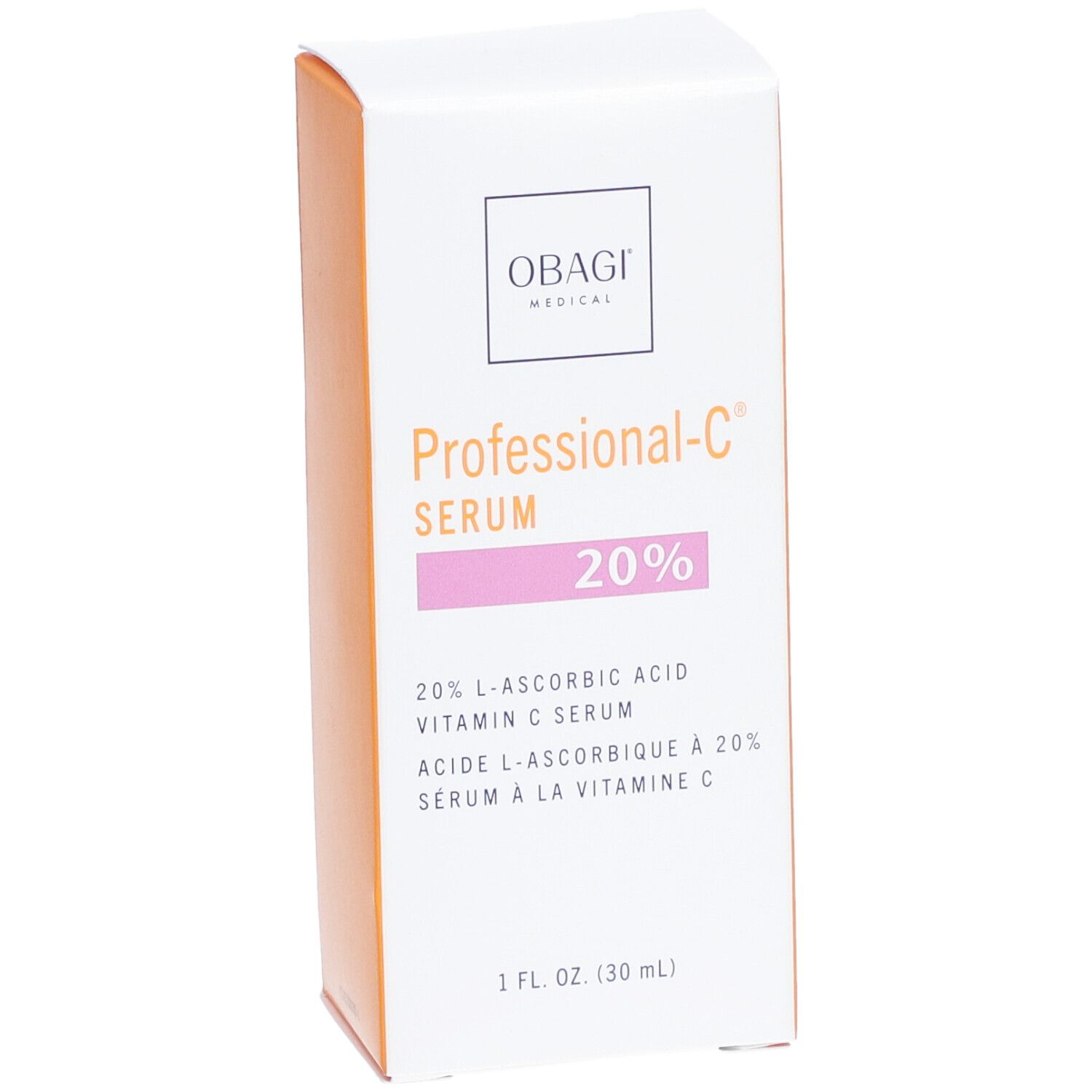 Weiße und orangefarbene Schachtel mit Produktbezeichnung Professional-C Serum 20%. Enthält 20% L-Ascorbinsäure Vitamin C Serum.