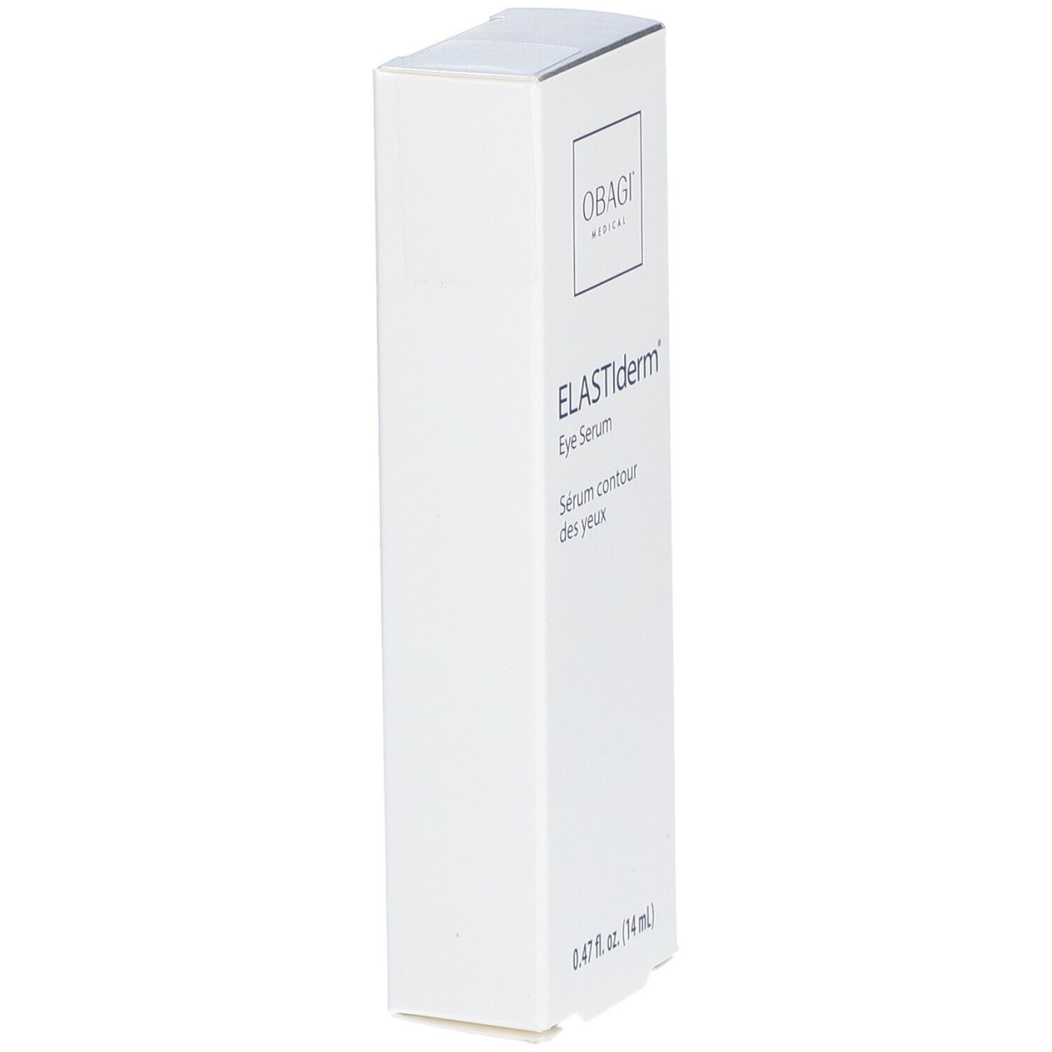 Witte, langwerpige verpakking. Opschrift ELASTIderm® Eye Serum. Logo OBAGI MEDICAL. Volume-aanduiding: 0.47 fl. oz. (14 ml).