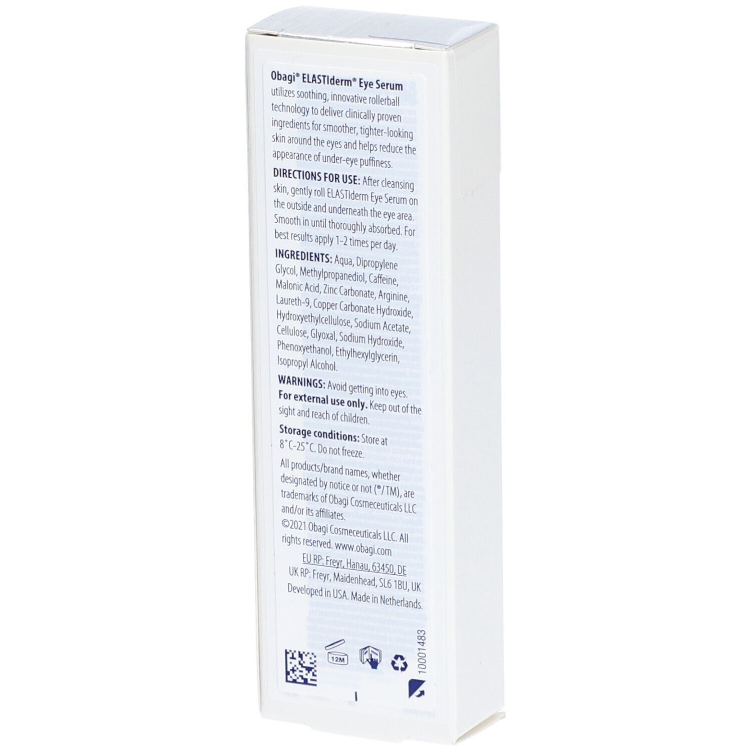 Witte verpakking met tekst. Productnaam ELASTIderm® Eye Serum. Ingrediënten, gebruiksaanwijzing, waarschuwingen en opslagcondities.