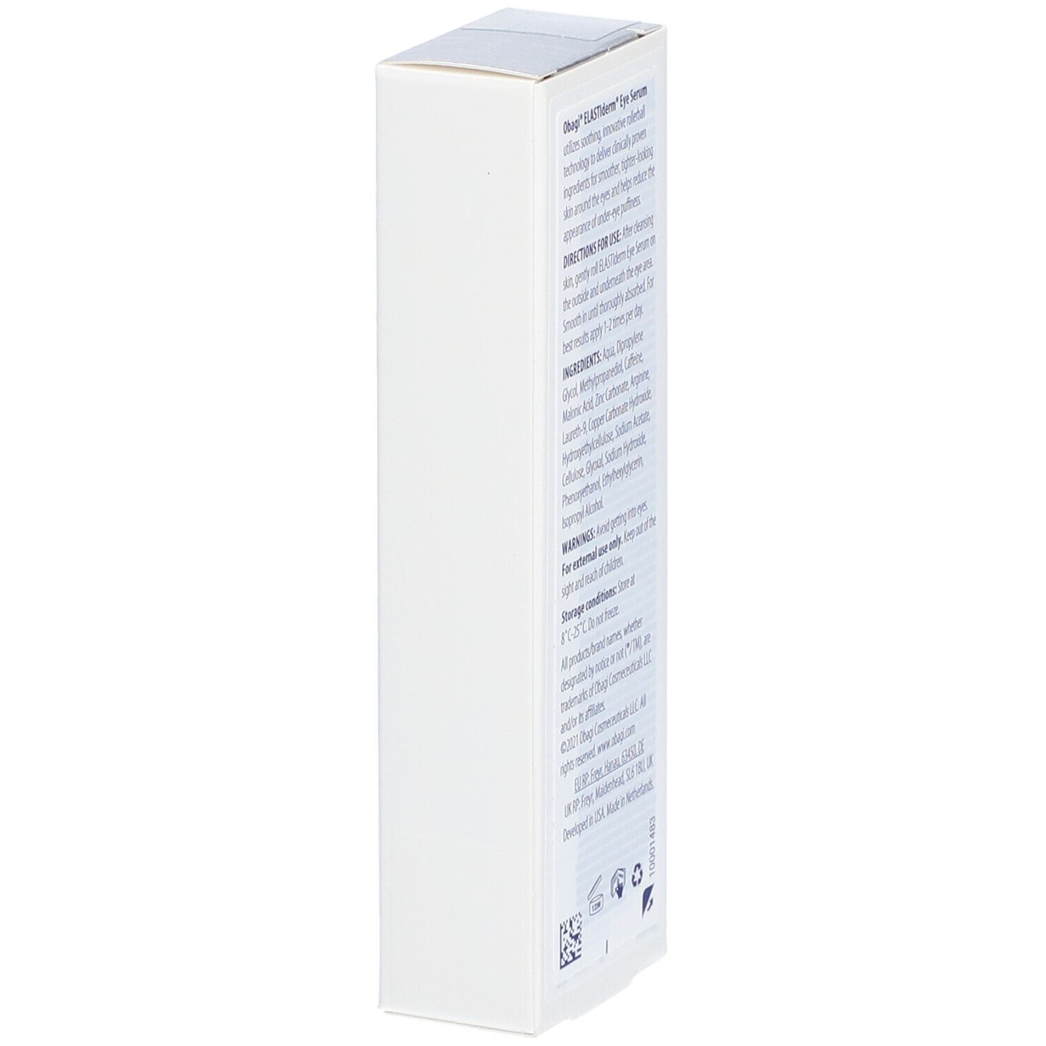Witte verpakking met tekst. Productnaam ELASTIderm® Eye Serum. Gebruiksaanwijzing, ingrediënten, waarschuwingen en opslagcondities.