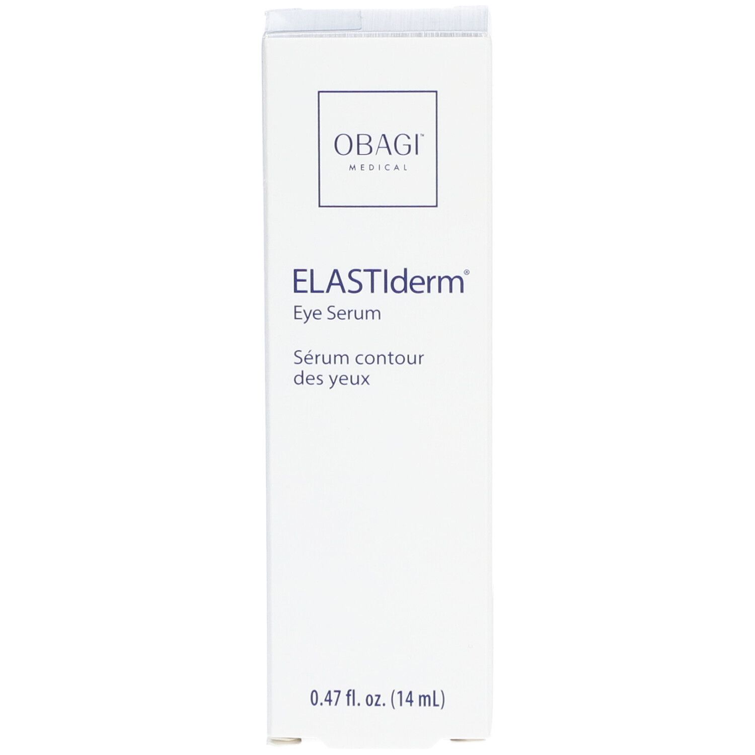 Witte verpakking met productnaam ELASTIderm® Eye Serum. Logo OBAGI MEDICAL bovenaan. Onder volume-aanduiding: 0.47 fl. oz. (14 ml).