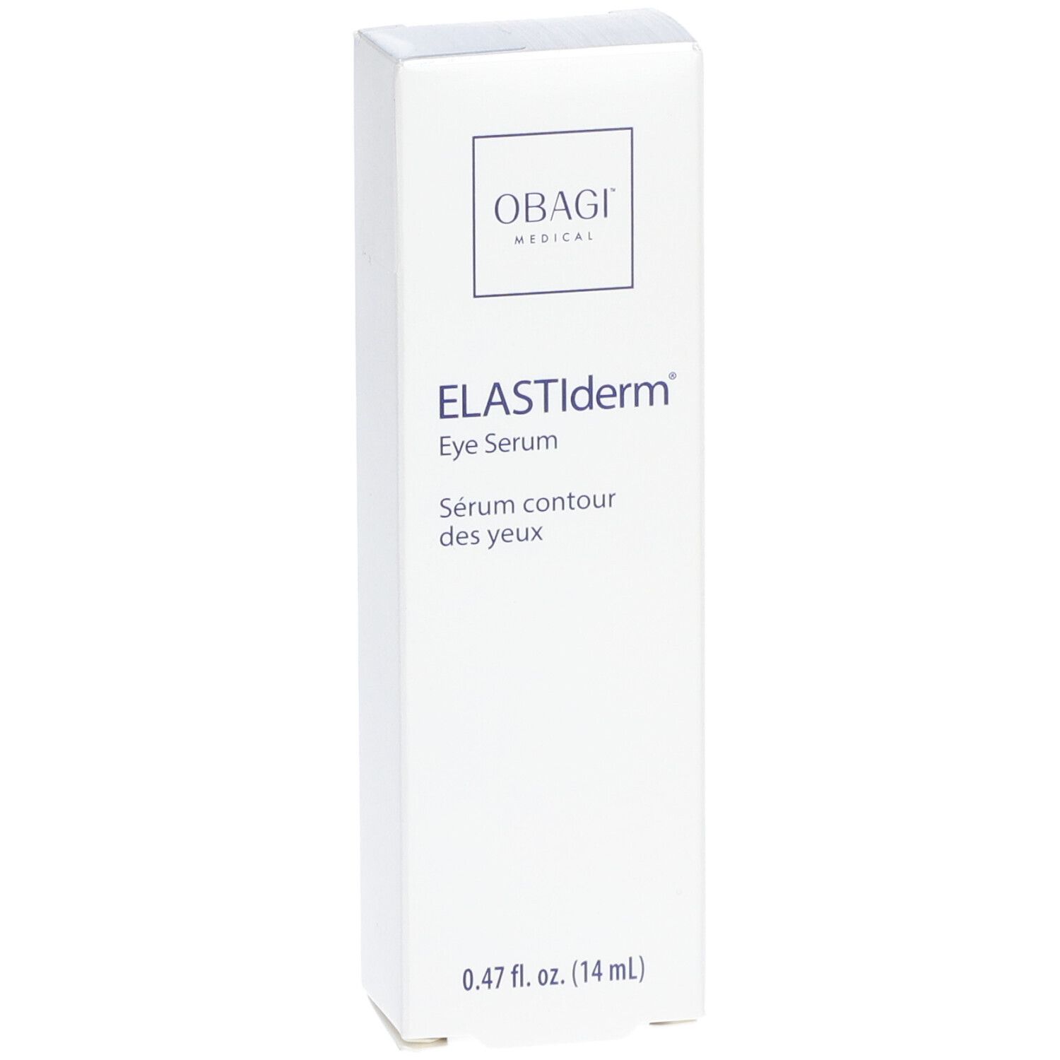 Witte verpakking met productnaam ELASTIderm® Eye Serum. Logo OBAGI MEDICAL bovenaan. Onder volume-aanduiding: 0.47 fl. oz. (14 ml).