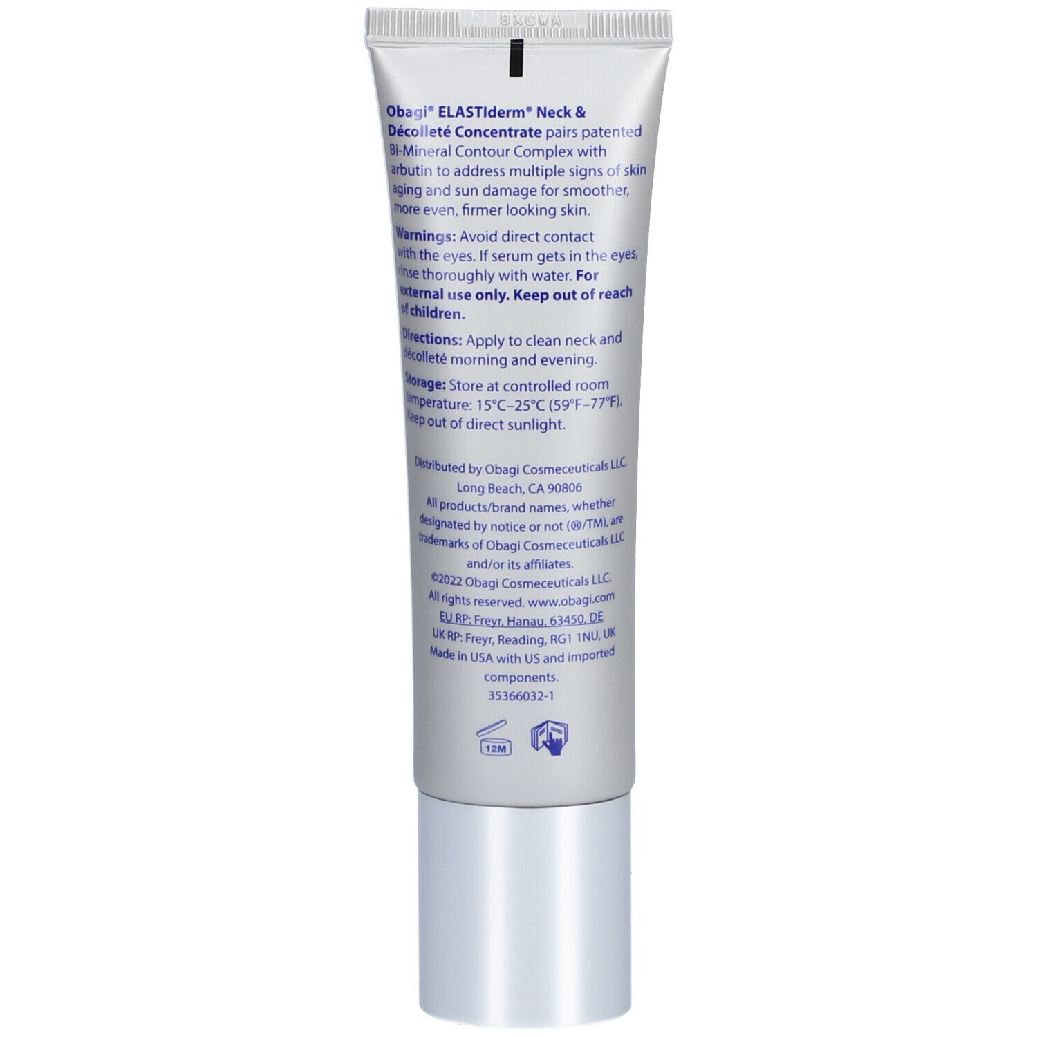 Dos du tube Obagi ELASTIderm. Texte avec ingrédients, instructions d'utilisation et avertissements.