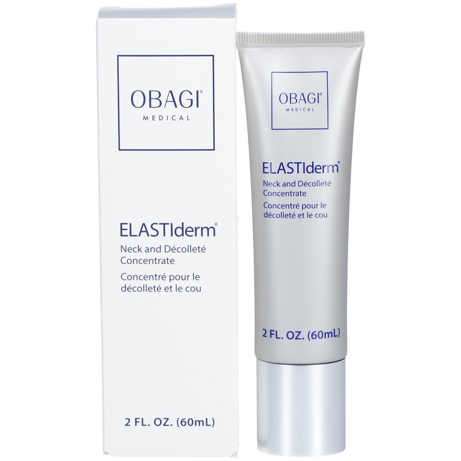 Concentré Obagi ELASTIderm pour le cou et le décolleté et emballage. Boîte blanche avec informations.