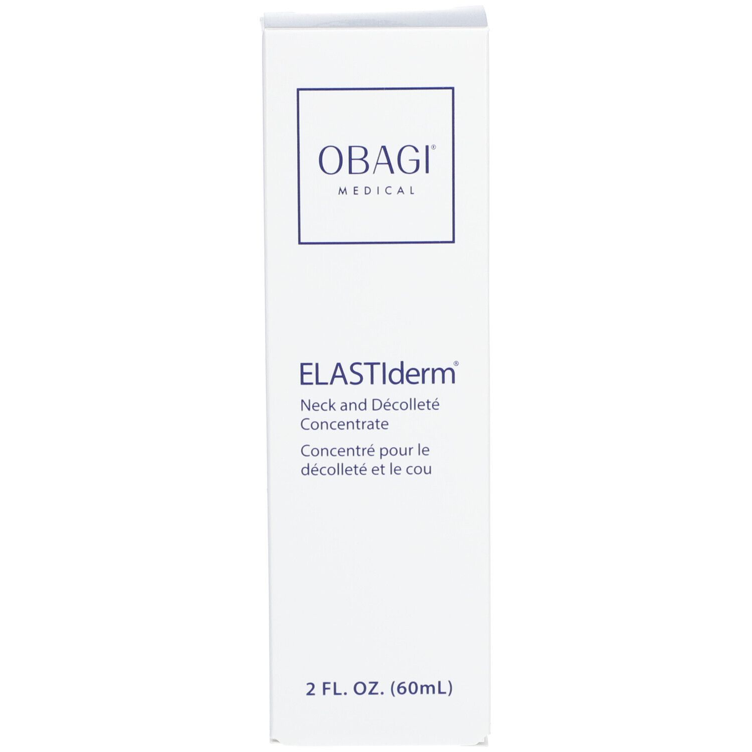 Emballage blanc pour le concentré Obagi ELASTIderm pour le cou et le décolleté. Nom du produit et marque.
