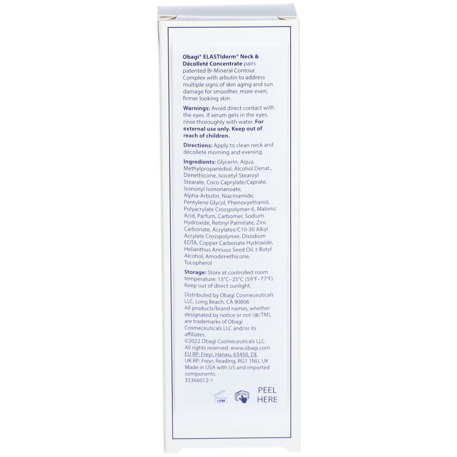 Dos de l'emballage blanc Obagi ELASTIderm. Ingrédients, instructions et avertissements.