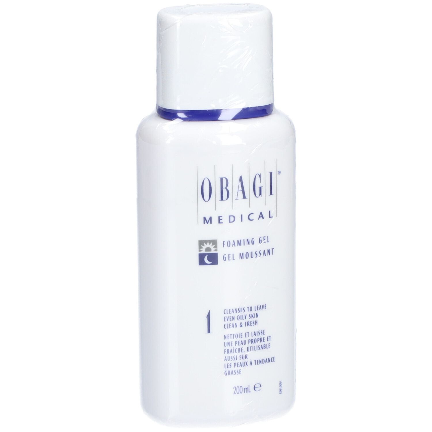 Weißes, rechteckiges Fläschchen mit blauem Deckel. Aufschrift: OBAGI MEDICAL, FOAMING GEL, 1. 200 ml.