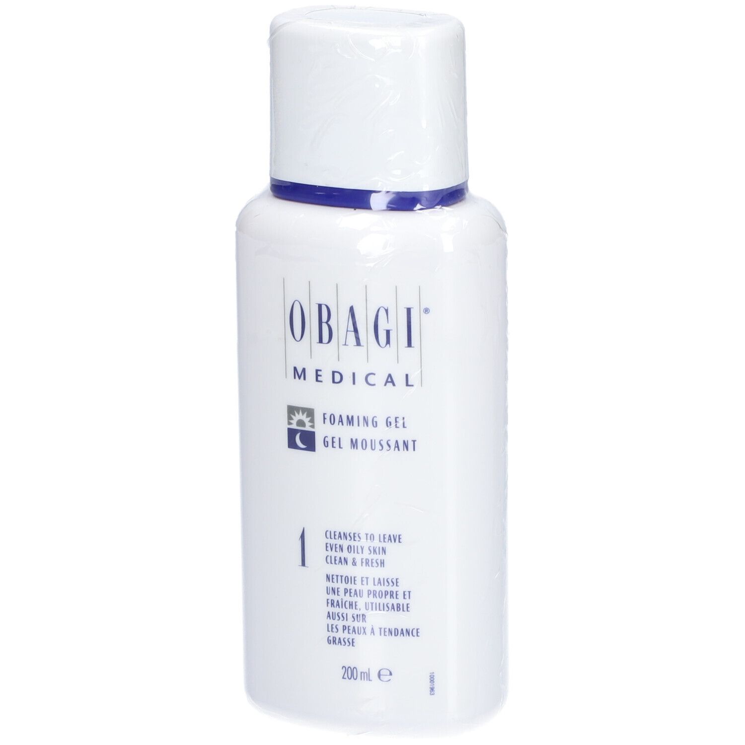 Weißes, rechteckiges Fläschchen mit blauem Deckel. Aufschrift: OBAGI MEDICAL, FOAMING GEL, 1. 200 ml.