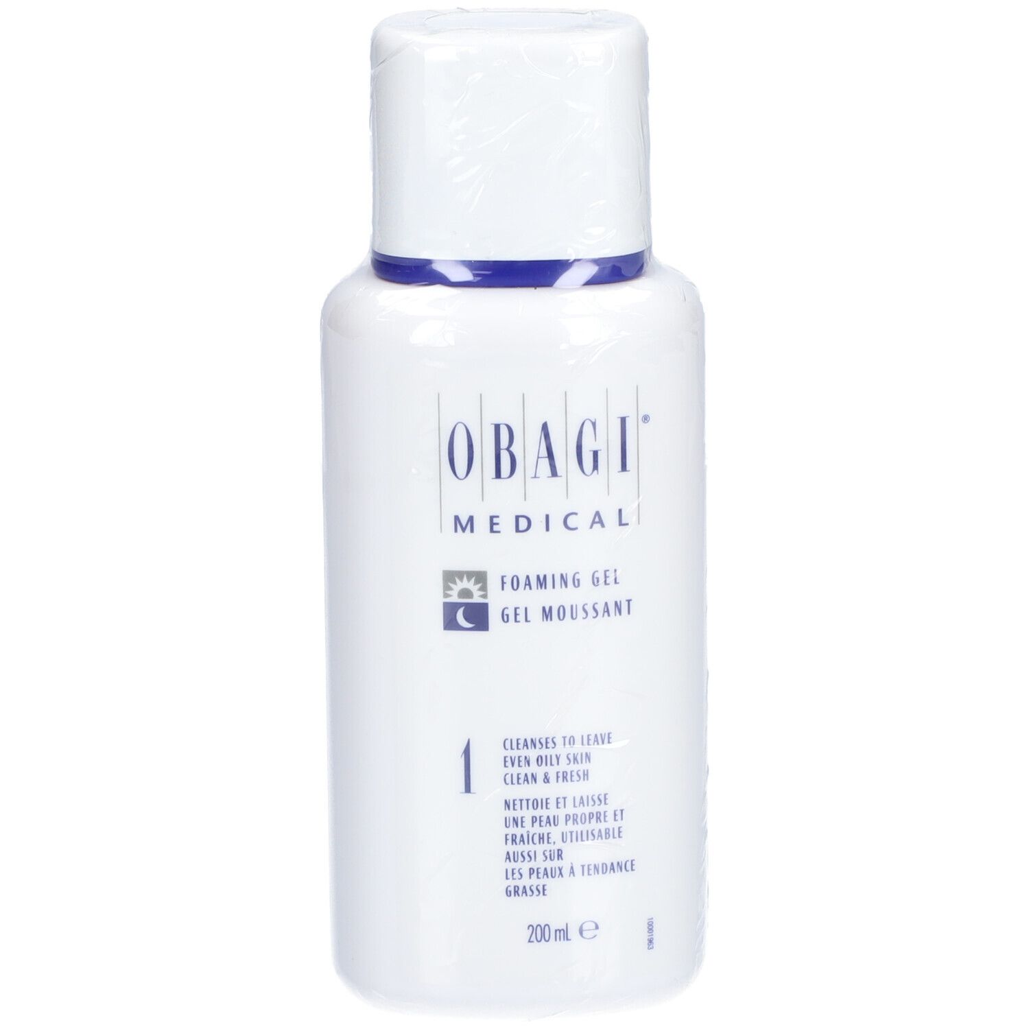 Weißes, rechteckiges Fläschchen mit blauem Deckel. Aufschrift: OBAGI MEDICAL, FOAMING GEL, 1. 200 ml.